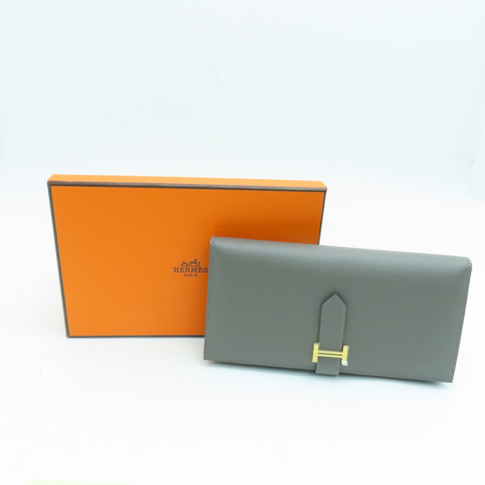 HERMES Epsom皮革Bearn bi-fold Long wallet金扣长钱包灰色
