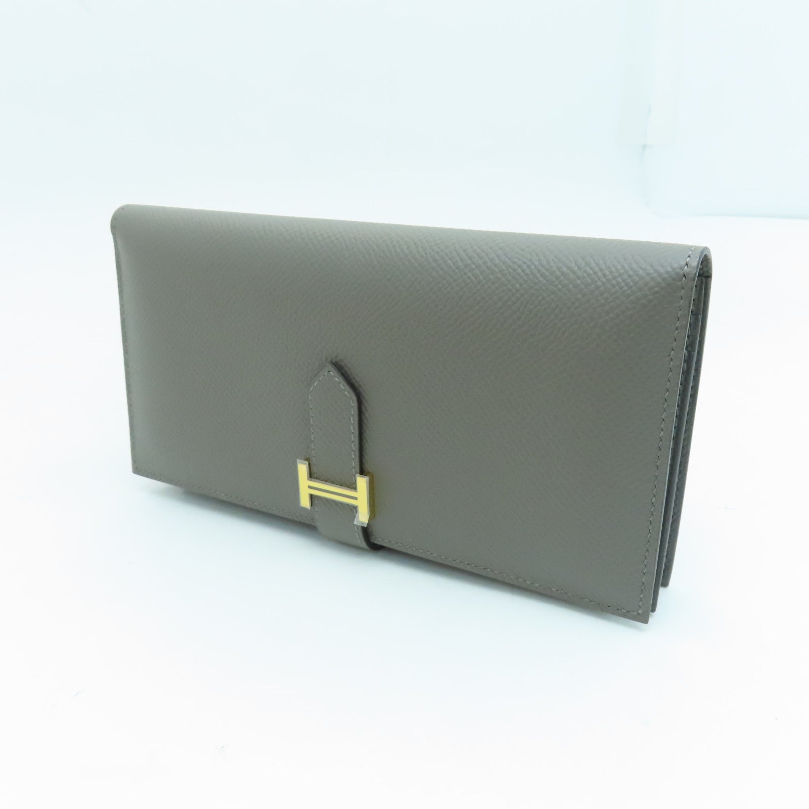 HERMES Epsom皮革Bearn bi-fold Long wallet金扣长钱包灰色