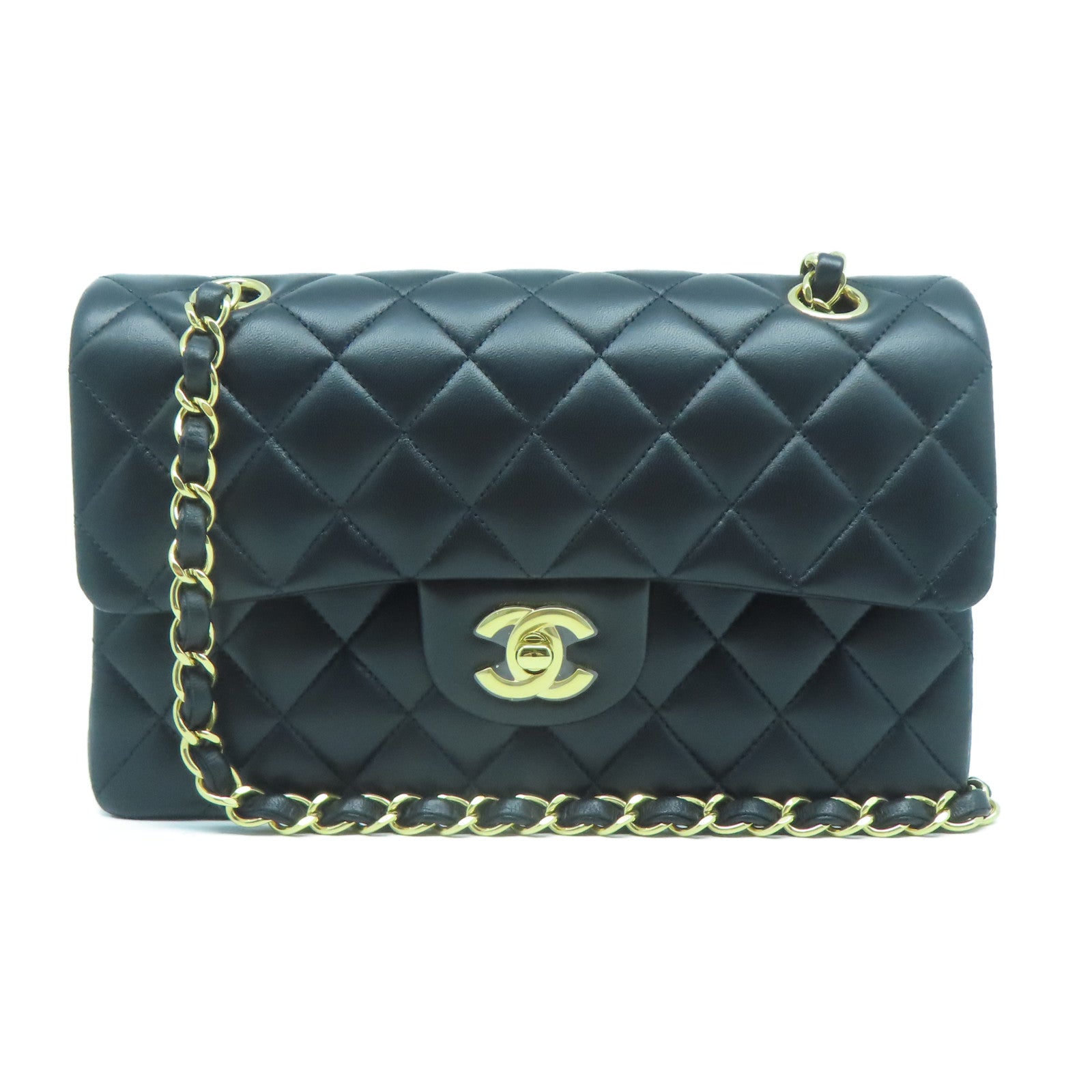 CHANEL 菱格羊皮皮革Classic金扣鏈帶肩背袋黑色