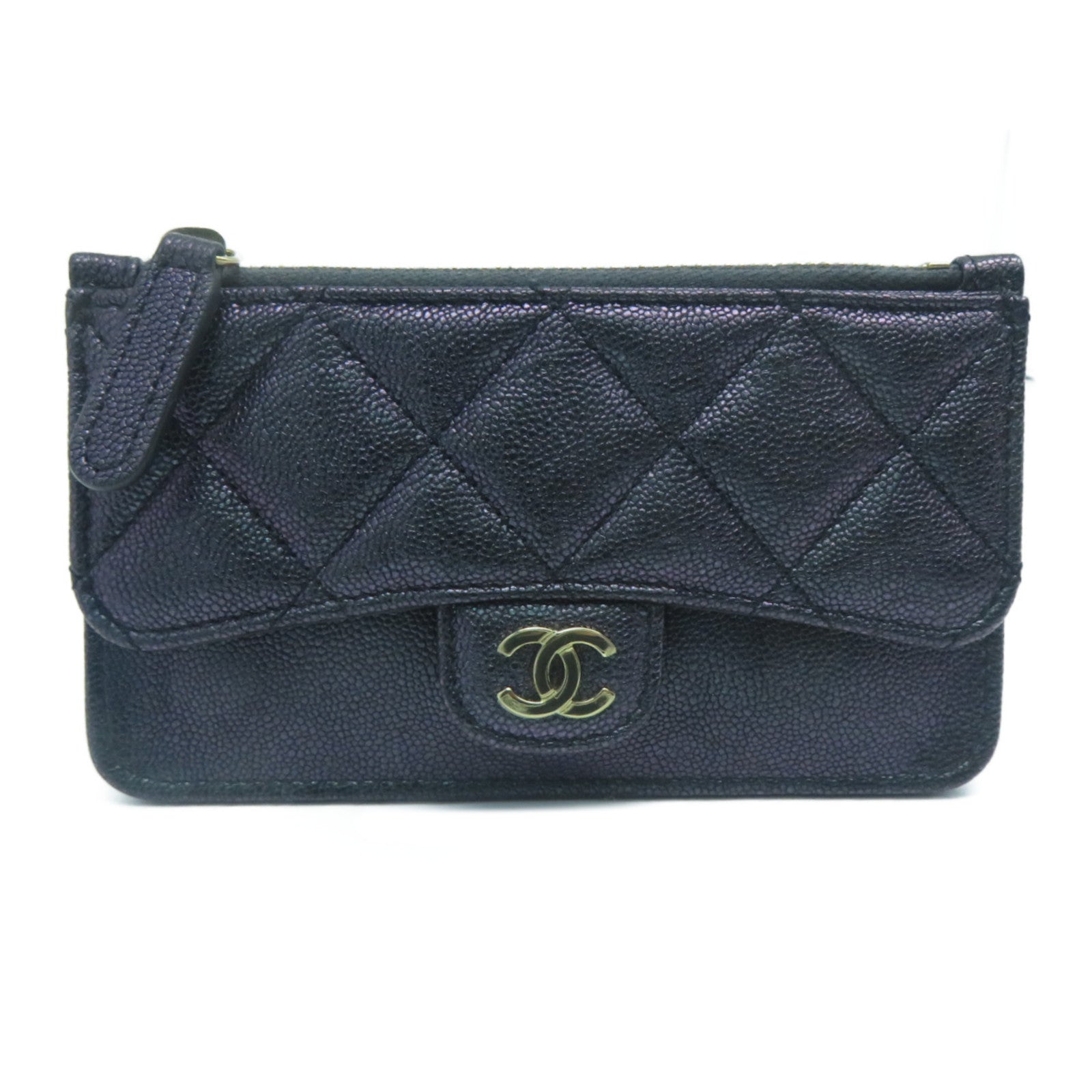 CHANEL 菱格Caviar皮革Card Case金扣卡片套紫色