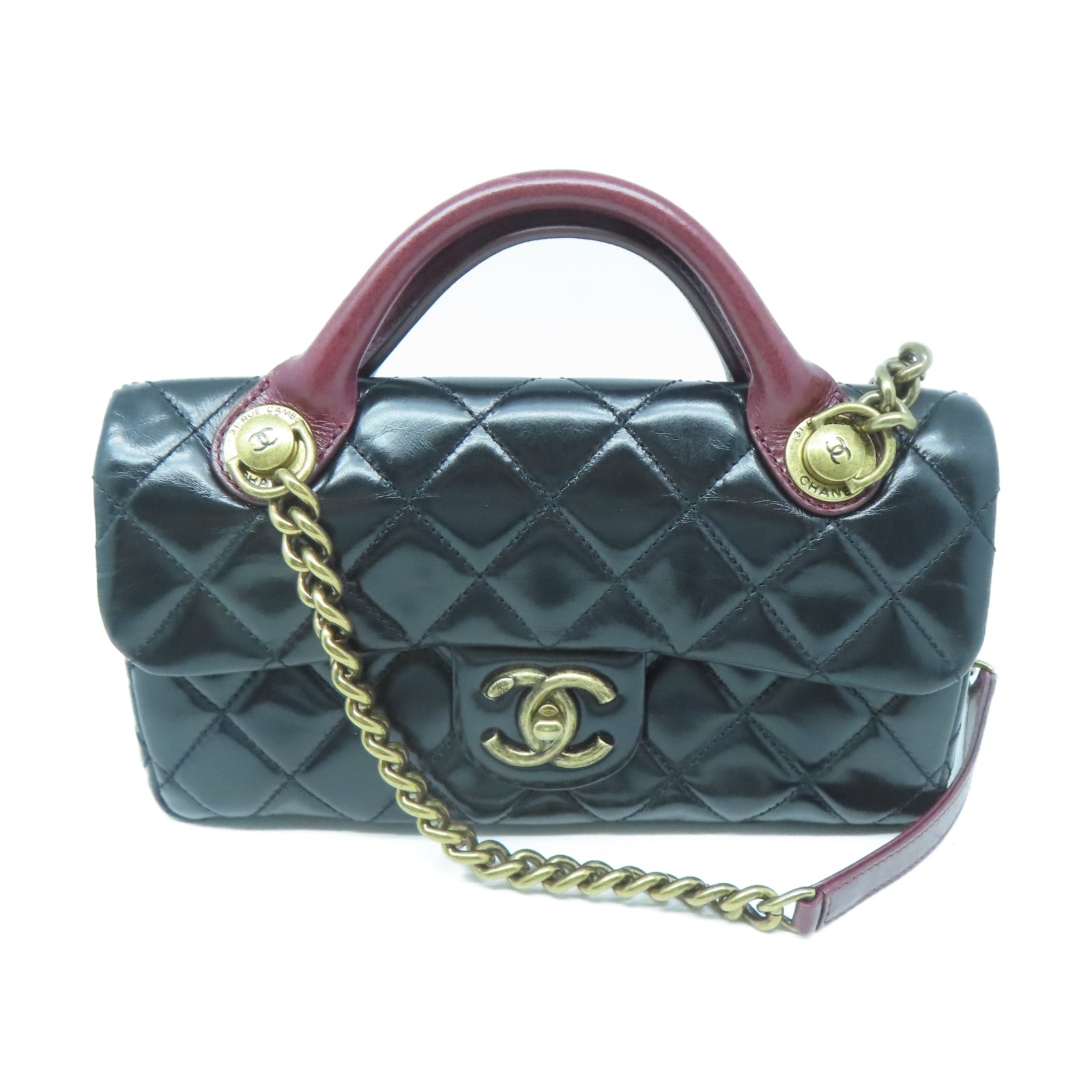 CHANEL 【激減優惠】菱格牛皮皮革Chain Shoulder金扣鏈帶手挽肩背兩用袋黑色
