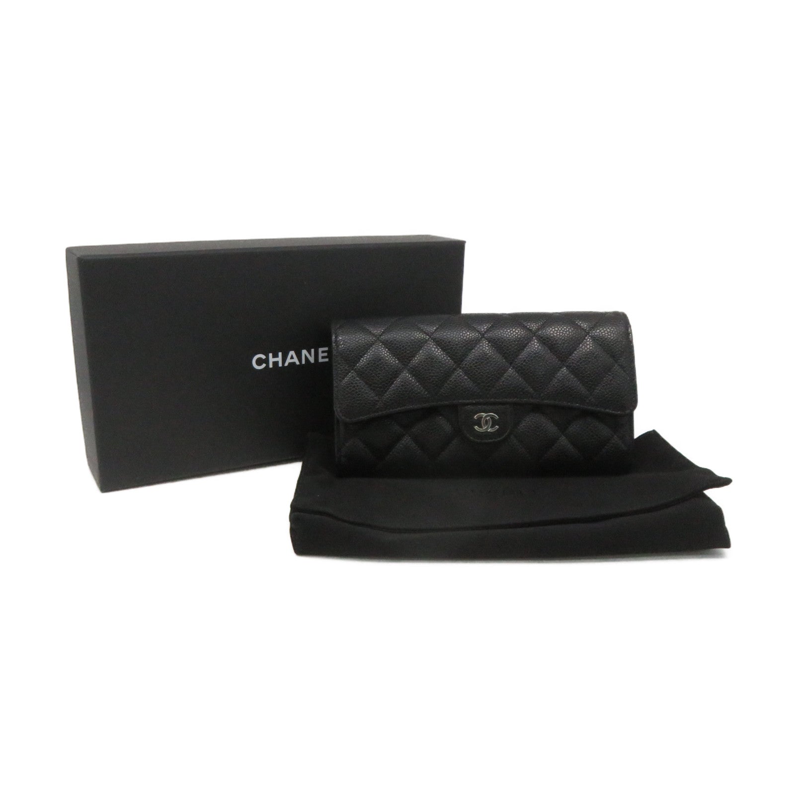 CHANEL 菱格Caviar皮革Fold Long Wallet银扣长钱包黑色