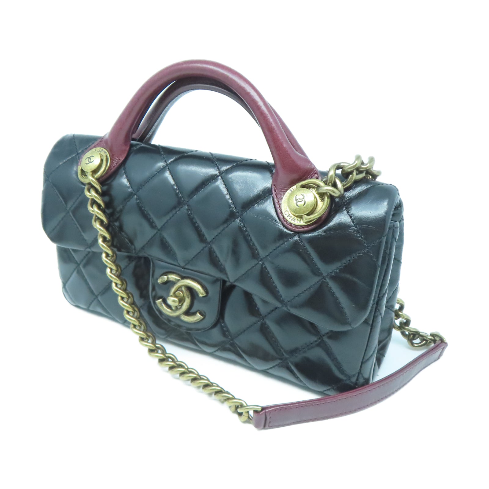 CHANEL 【激減優惠】菱格牛皮皮革Chain Shoulder金扣鏈帶手挽肩背兩用袋黑色