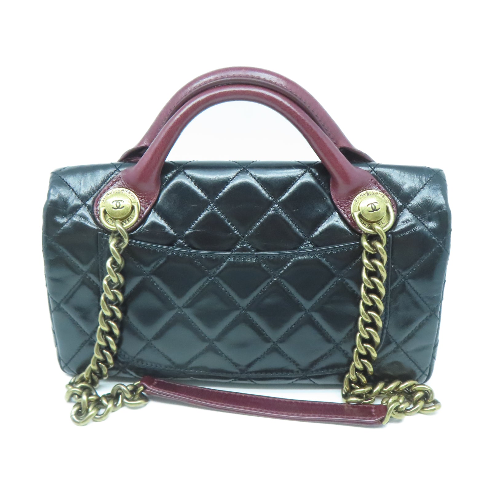 CHANEL 【激減優惠】菱格牛皮皮革Chain Shoulder金扣鏈帶手挽肩背兩用袋黑色