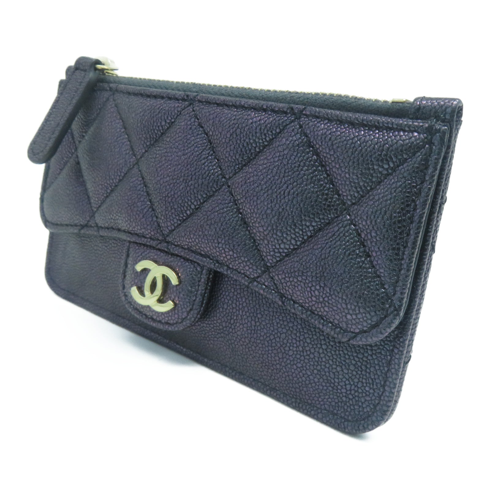 CHANEL 菱格Caviar皮革Card Case金扣卡片套紫色