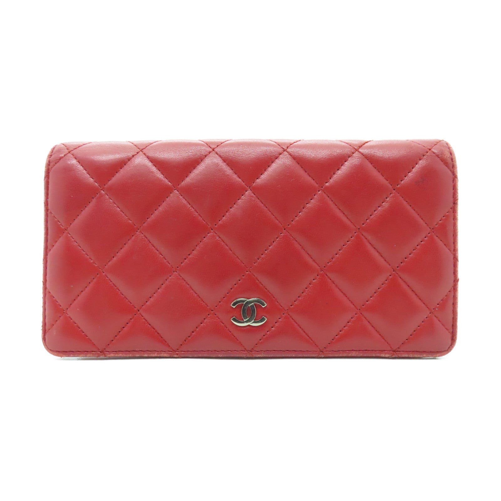 CHANEL 菱格羊皮皮革Long Wallet銀扣長錢包紅色