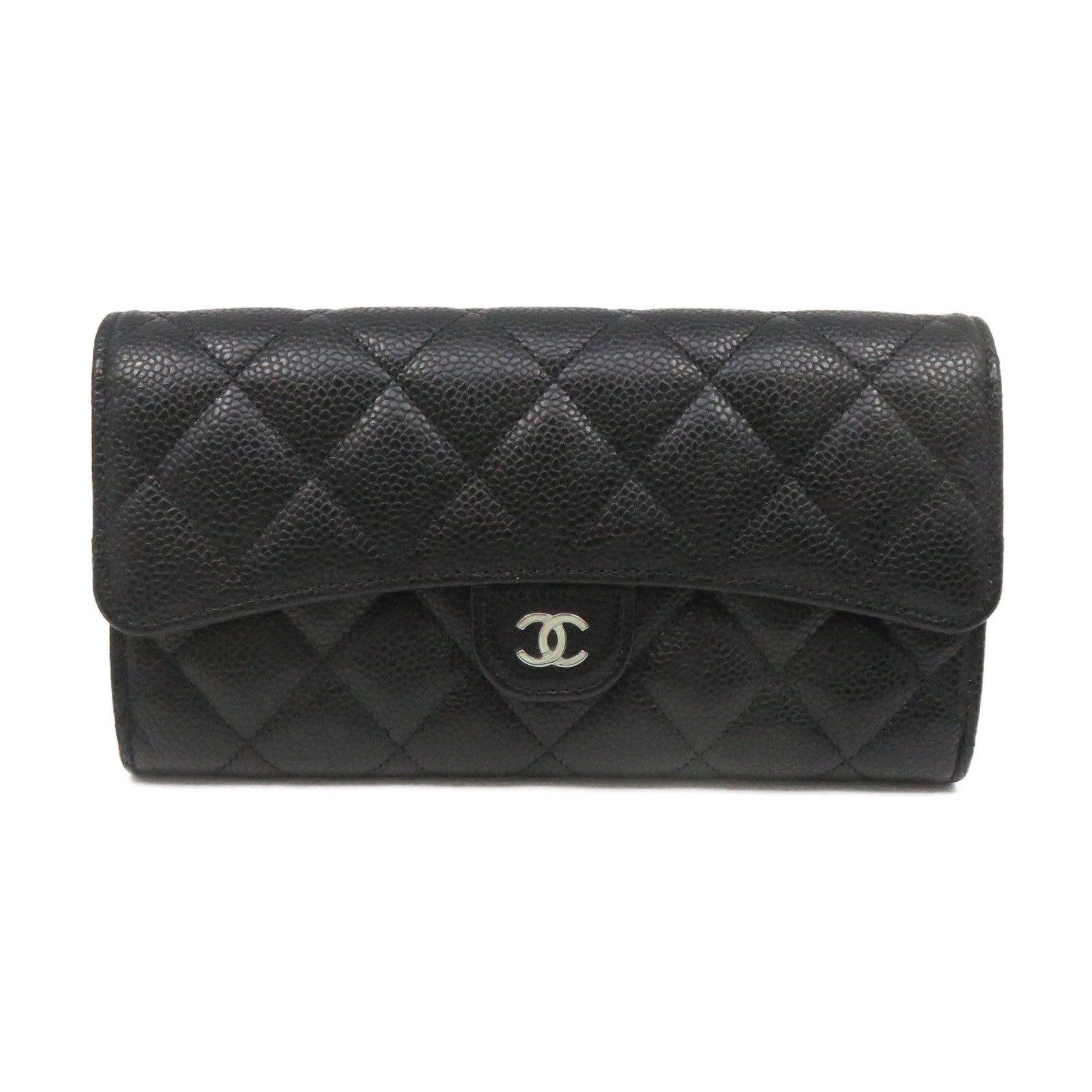 CHANEL 菱格Caviar皮革Fold Long Wallet银扣长钱包黑色