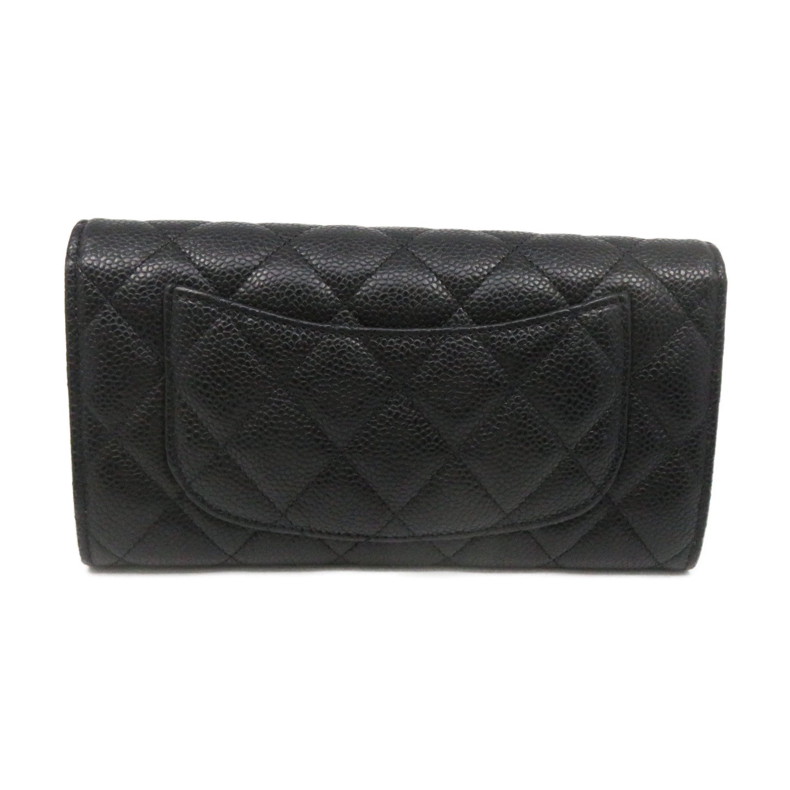 CHANEL 菱格Caviar皮革Fold Long Wallet银扣长钱包黑色