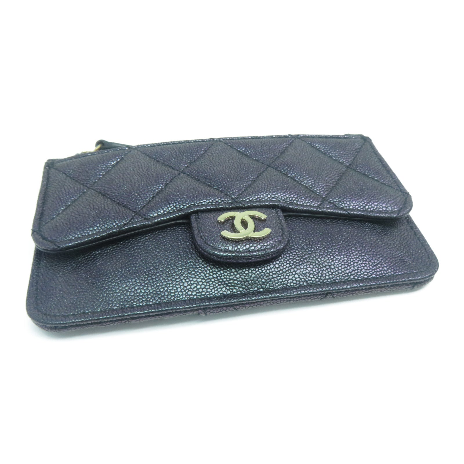 CHANEL 菱格Caviar皮革Card Case金扣卡片套紫色