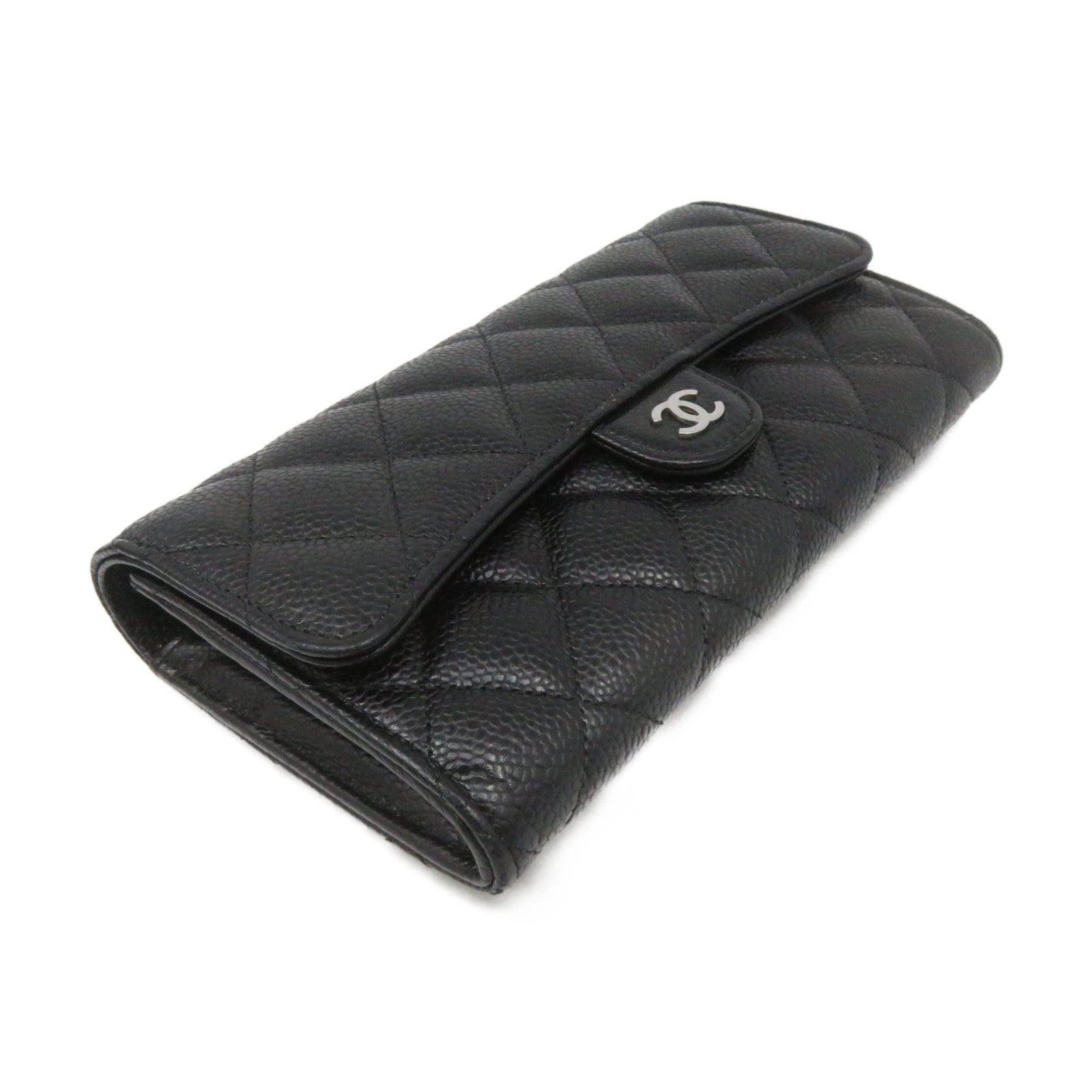 CHANEL 菱格Caviar皮革Fold Long Wallet银扣长钱包黑色