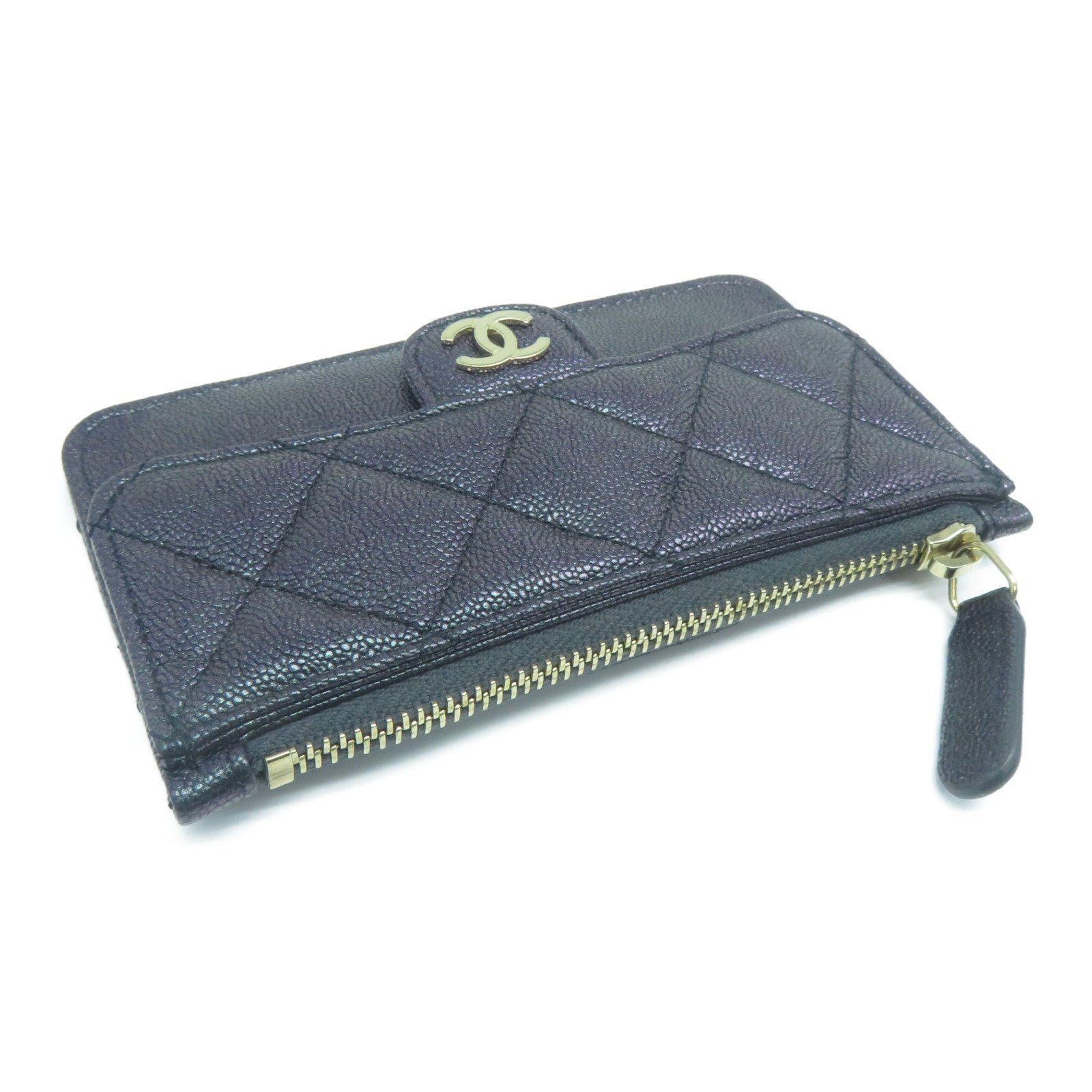 CHANEL 菱格Caviar皮革Card Case金扣卡片套紫色