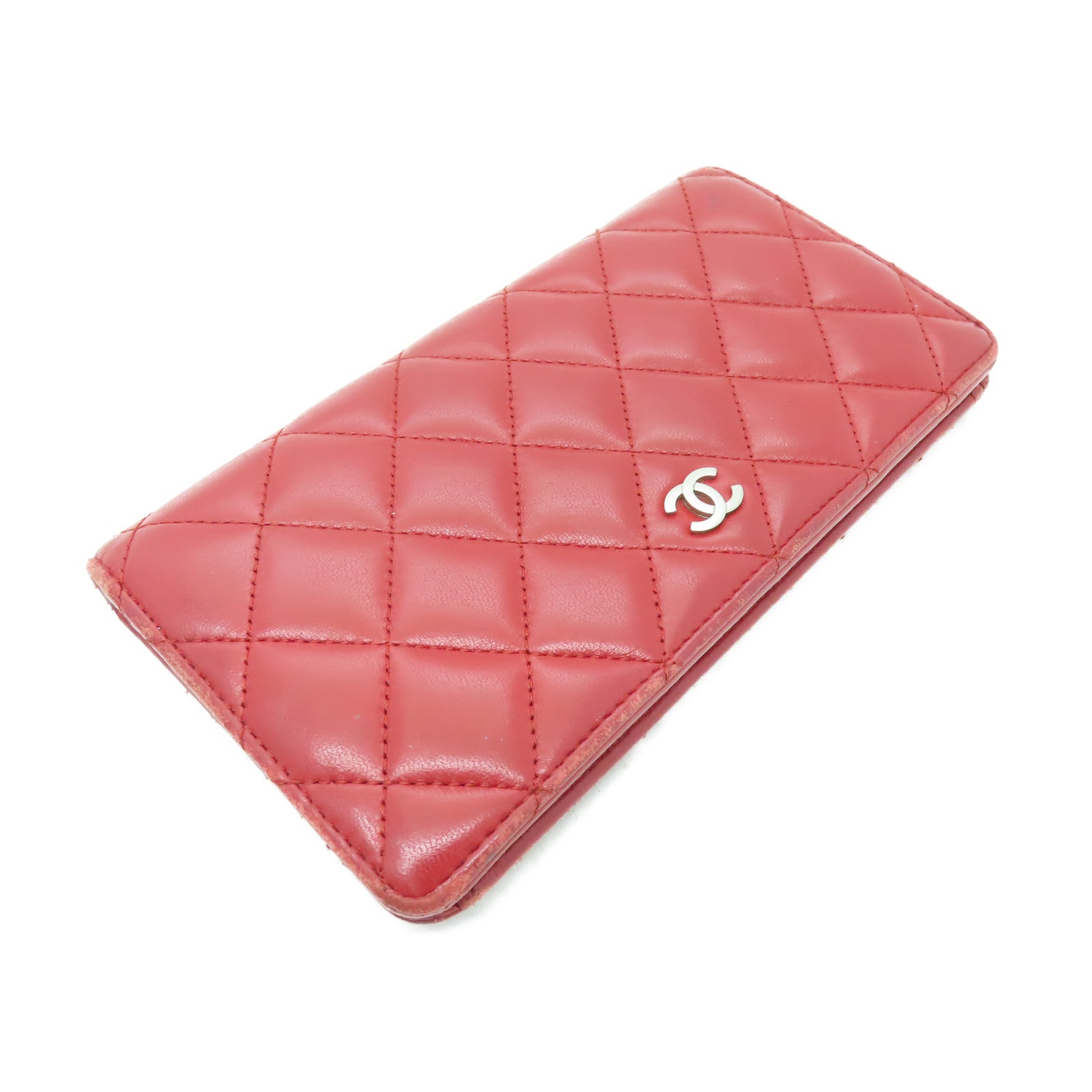 CHANEL 菱格羊皮皮革Long Wallet銀扣長錢包紅色