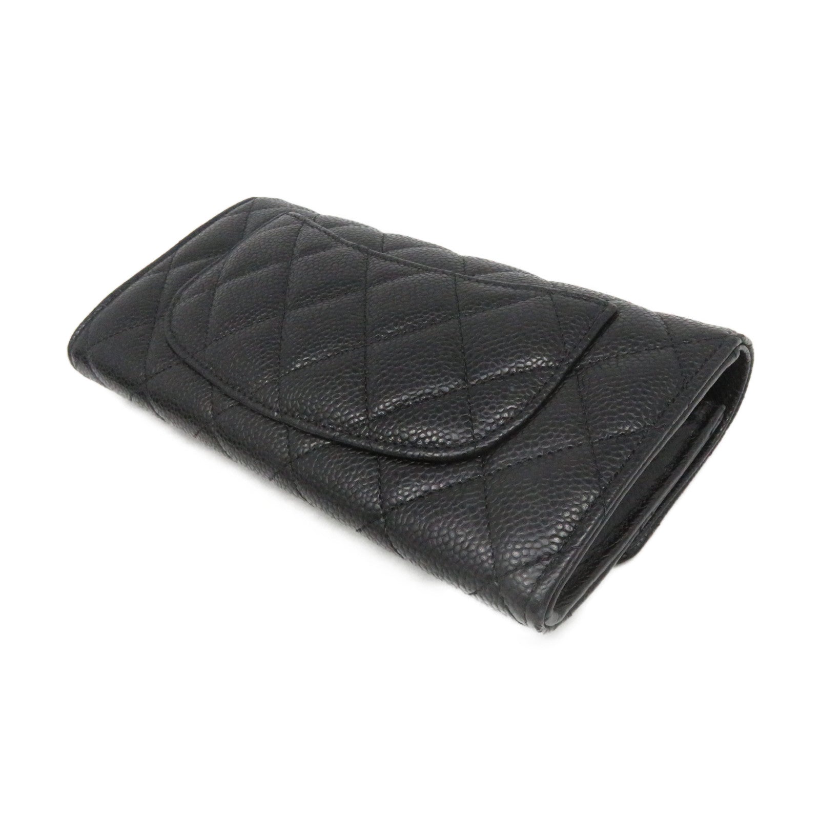 CHANEL 菱格Caviar皮革Fold Long Wallet银扣长钱包黑色