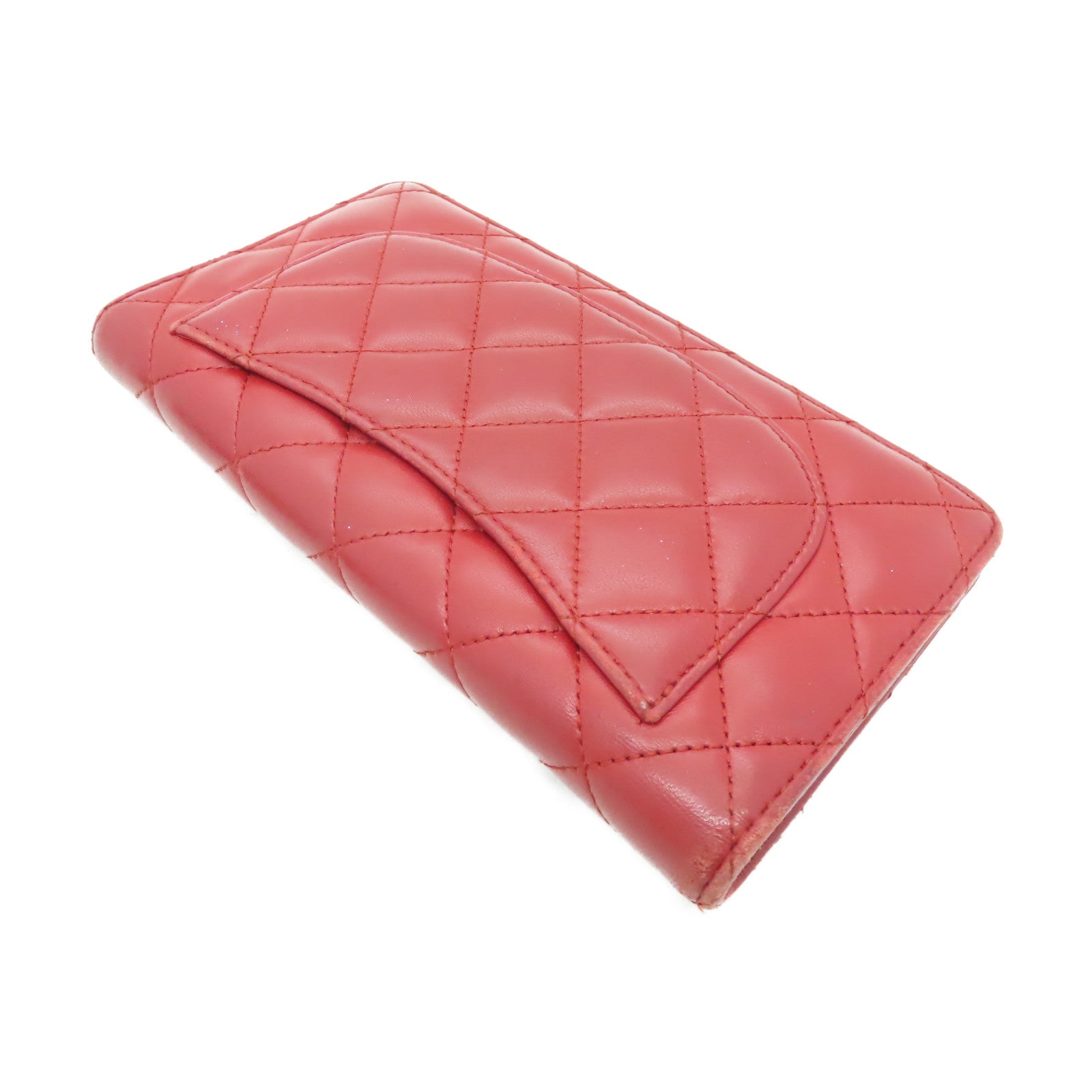 CHANEL 菱格羊皮皮革Long Wallet銀扣長錢包紅色