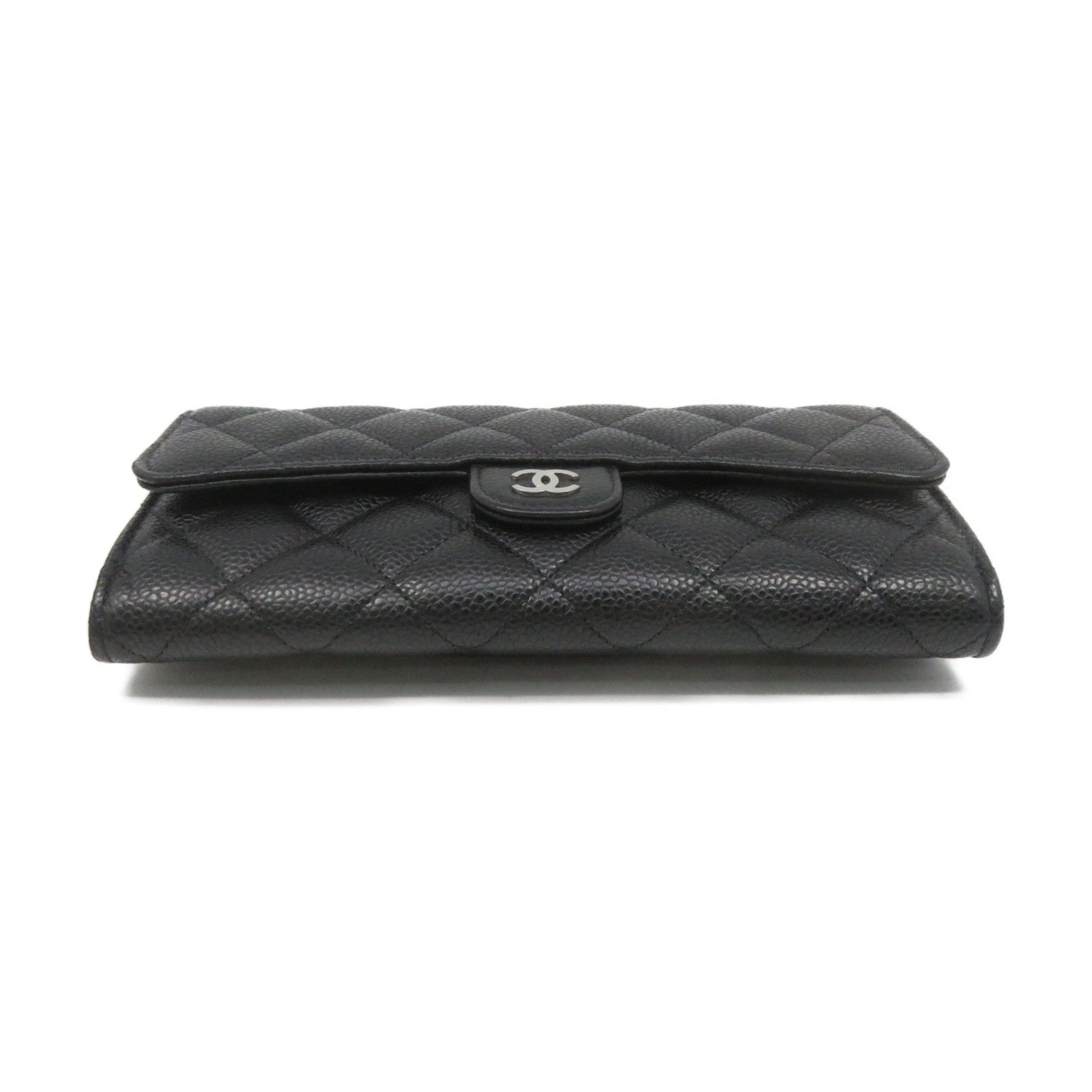 CHANEL 菱格Caviar皮革Fold Long Wallet银扣长钱包黑色