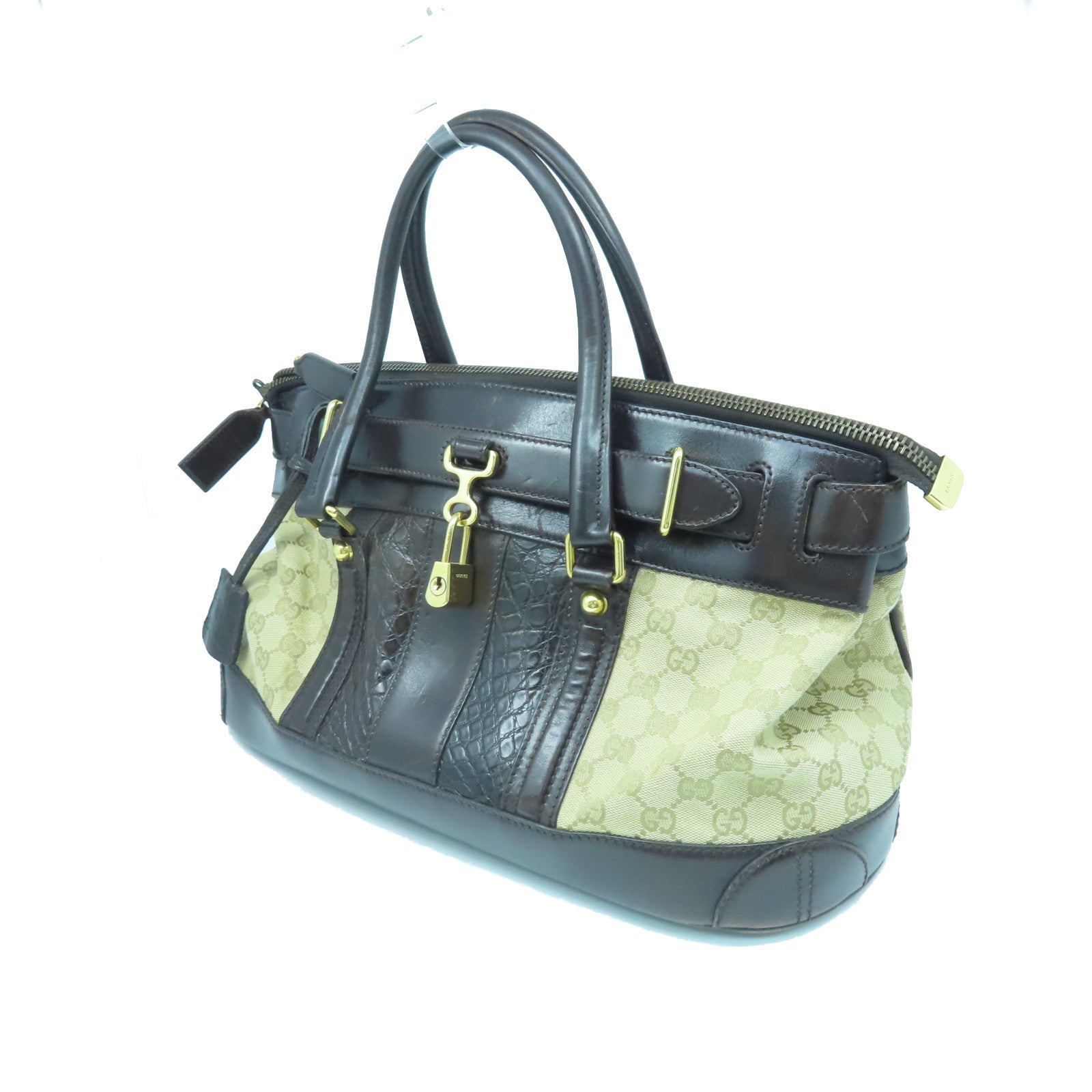 GUCCI Canvas Hand Bag Gold Buckle Hand Bag Brown/Light Brown