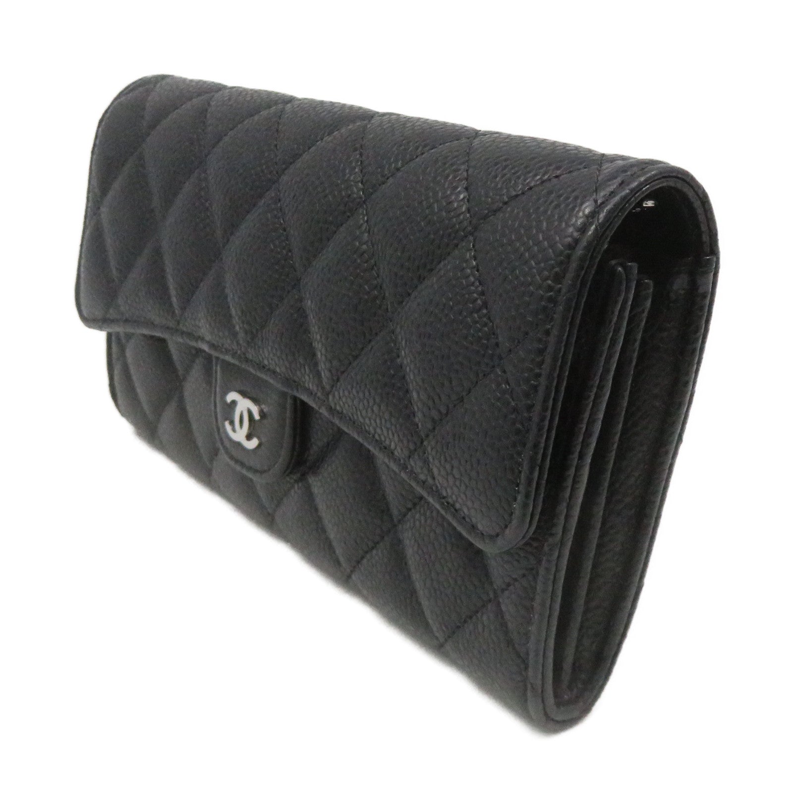 CHANEL 菱格Caviar皮革Fold Long Wallet银扣长钱包黑色