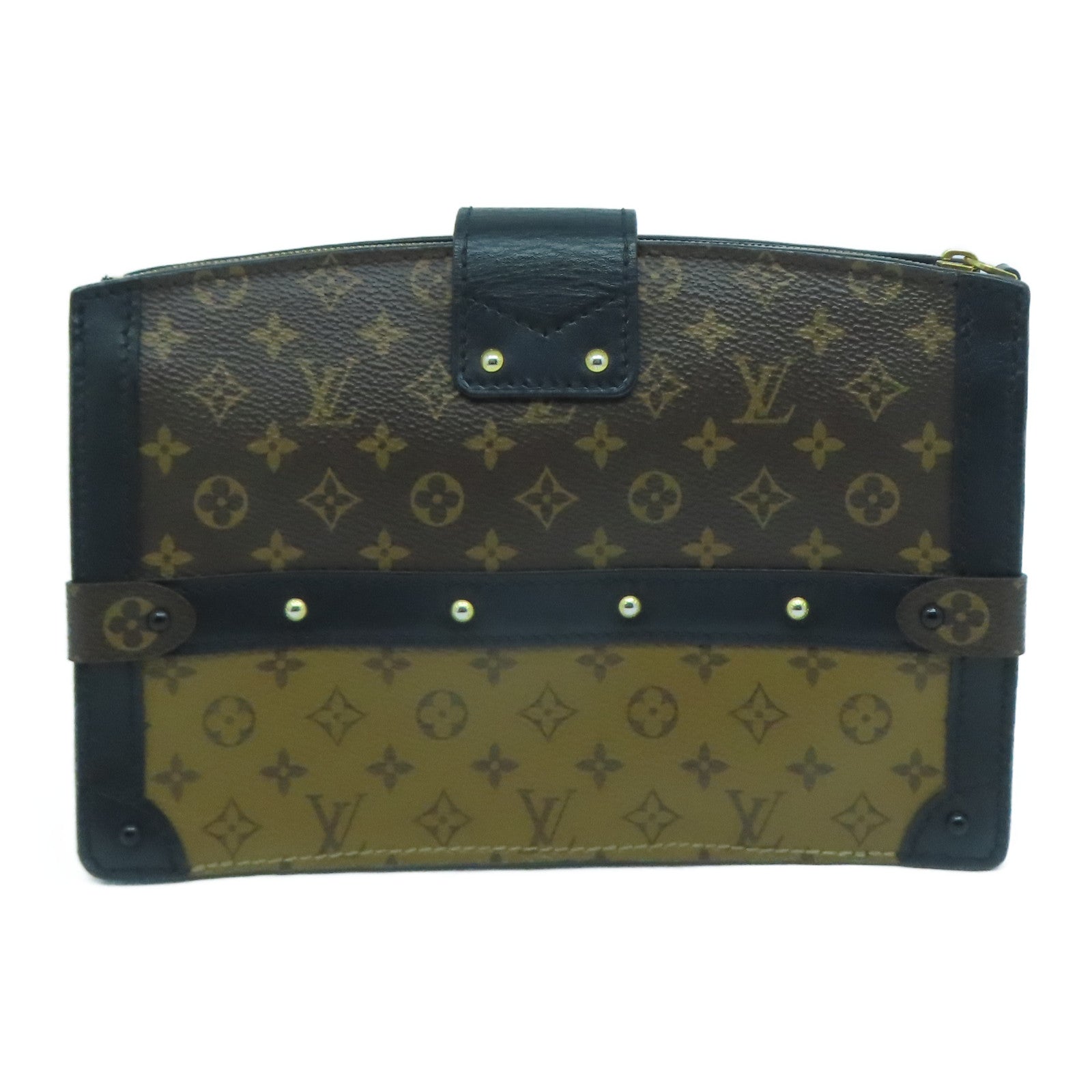 LOUIS VUITTON Monogram Reverse Trunk Clutch金扣肩背袋黑色/啡色