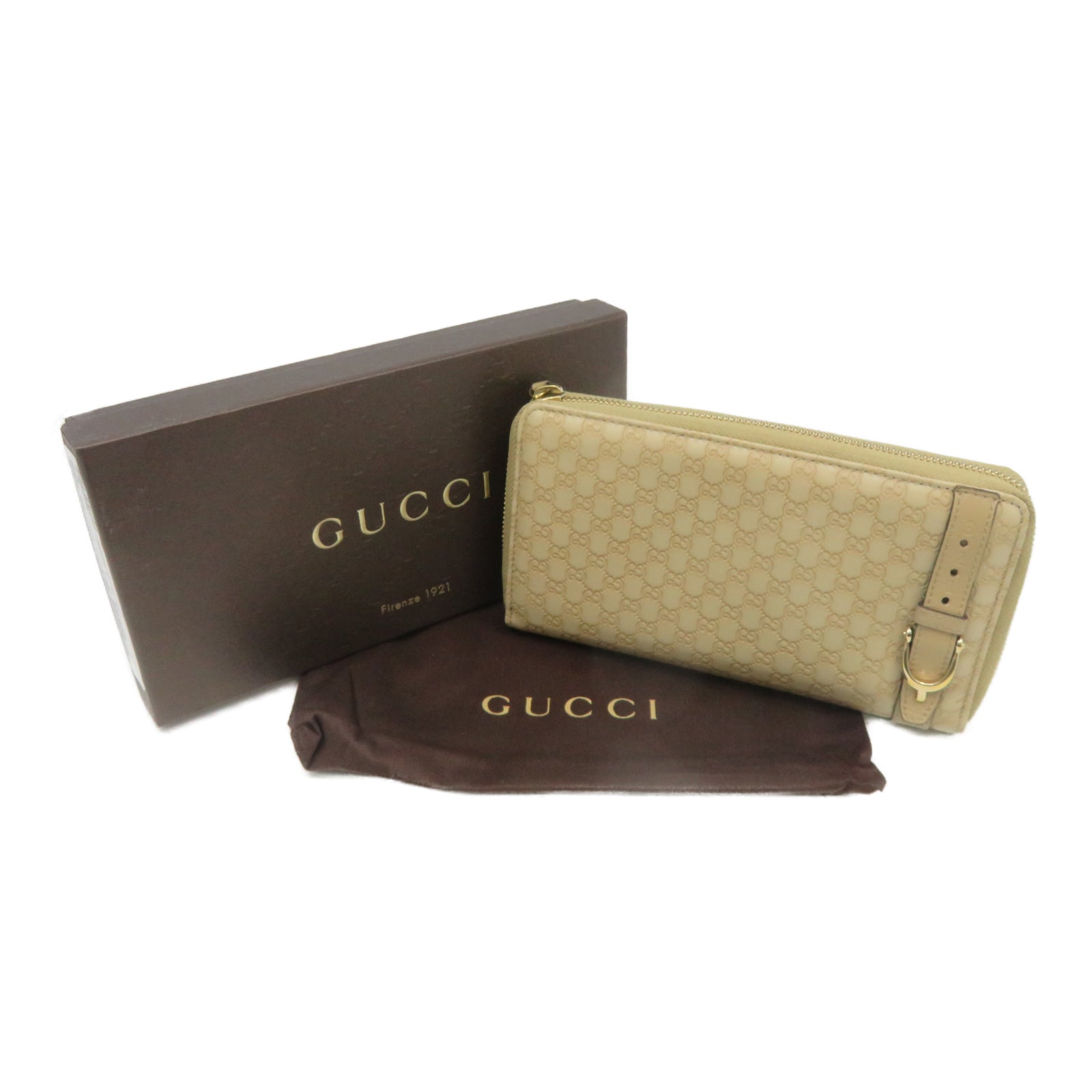 GUCCI 牛皮皮革Zipper Long Wallet金扣钱包米色