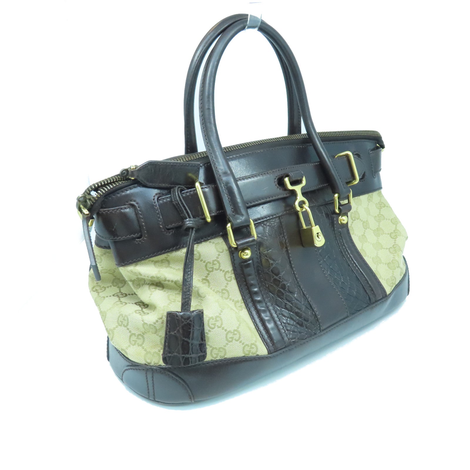 GUCCI Canvas Hand Bag Gold Buckle Hand Bag Brown/Light Brown