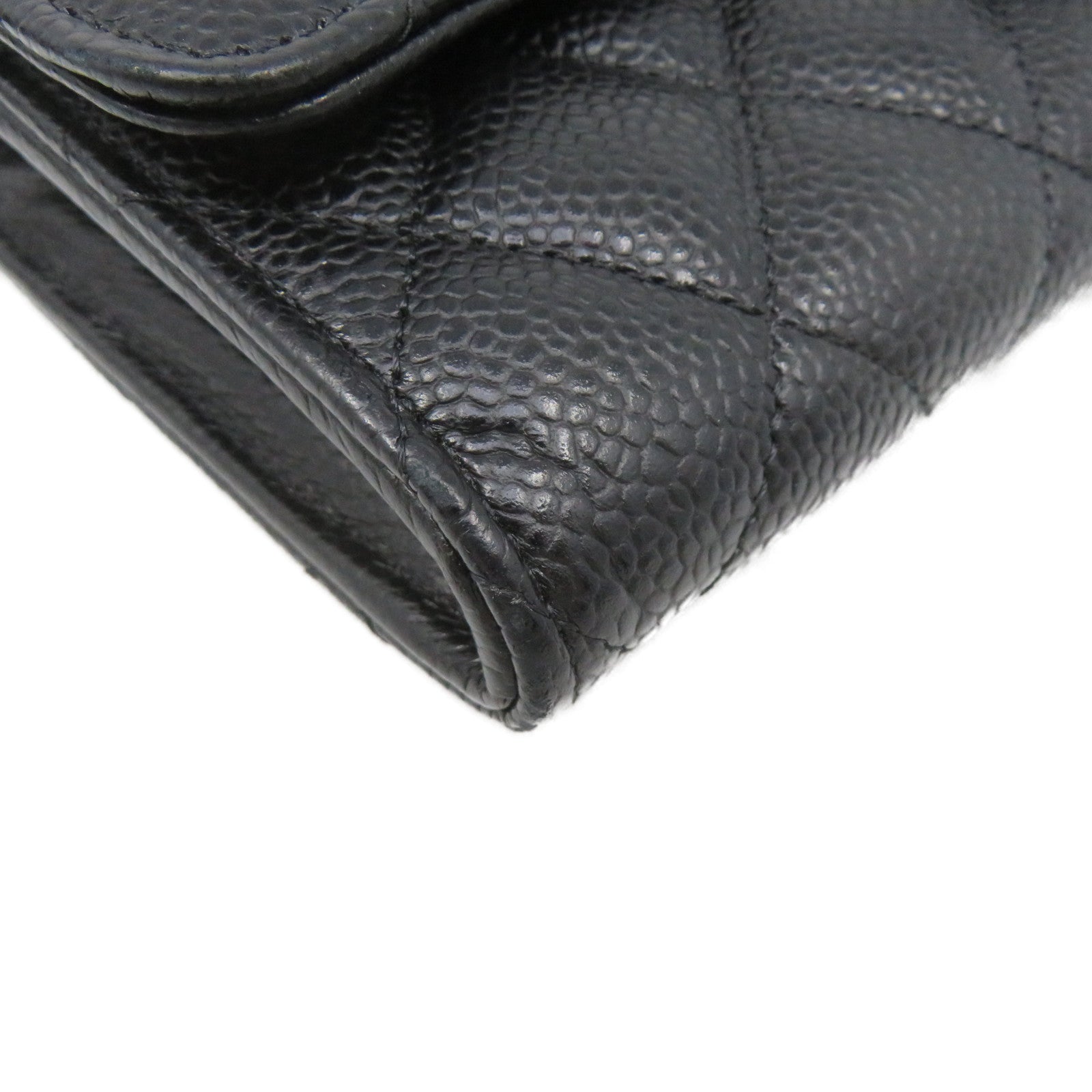 CHANEL 菱格Caviar皮革Fold Long Wallet银扣长钱包黑色