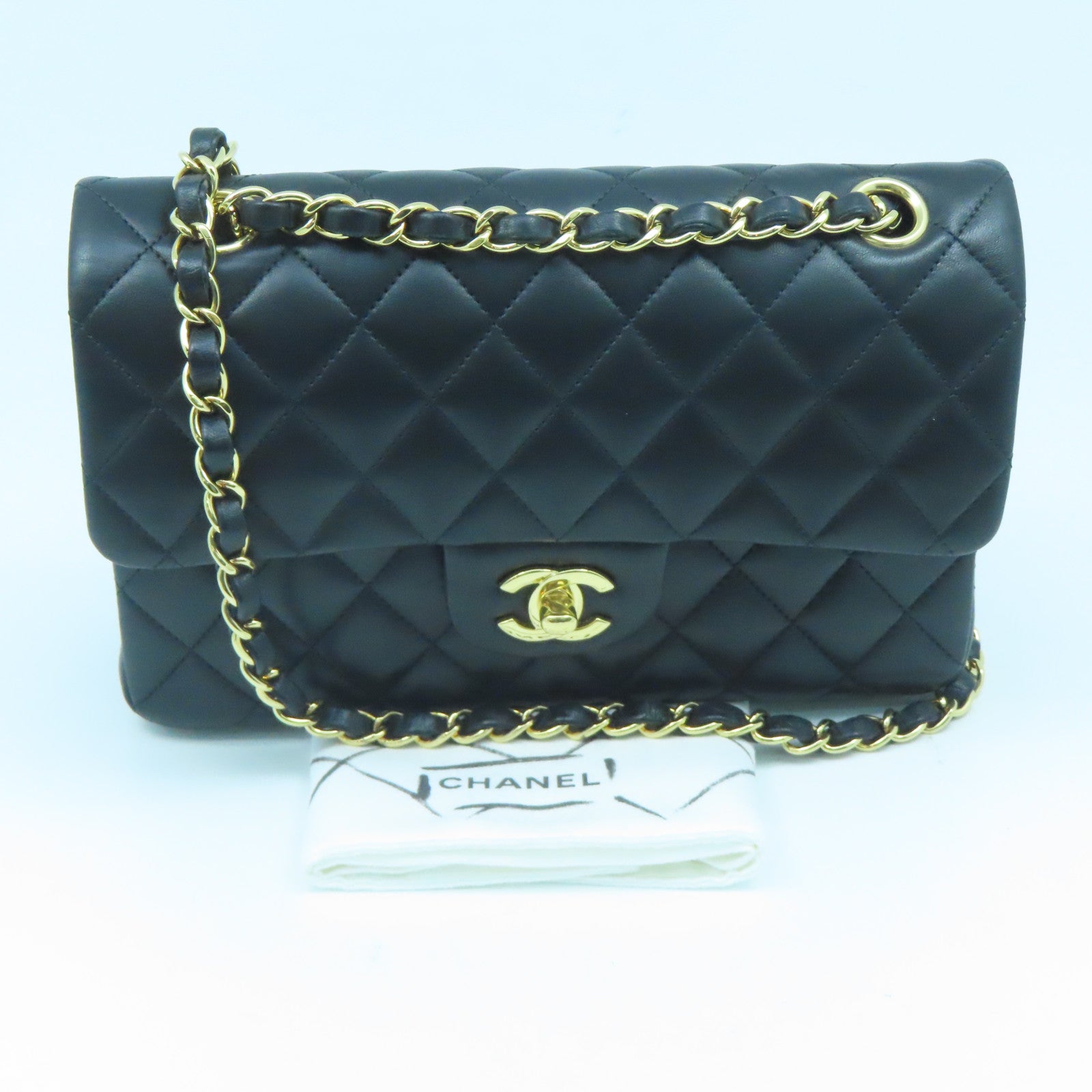 CHANEL 菱格羊皮皮革Classic 23cm金扣链带肩背袋黑色
