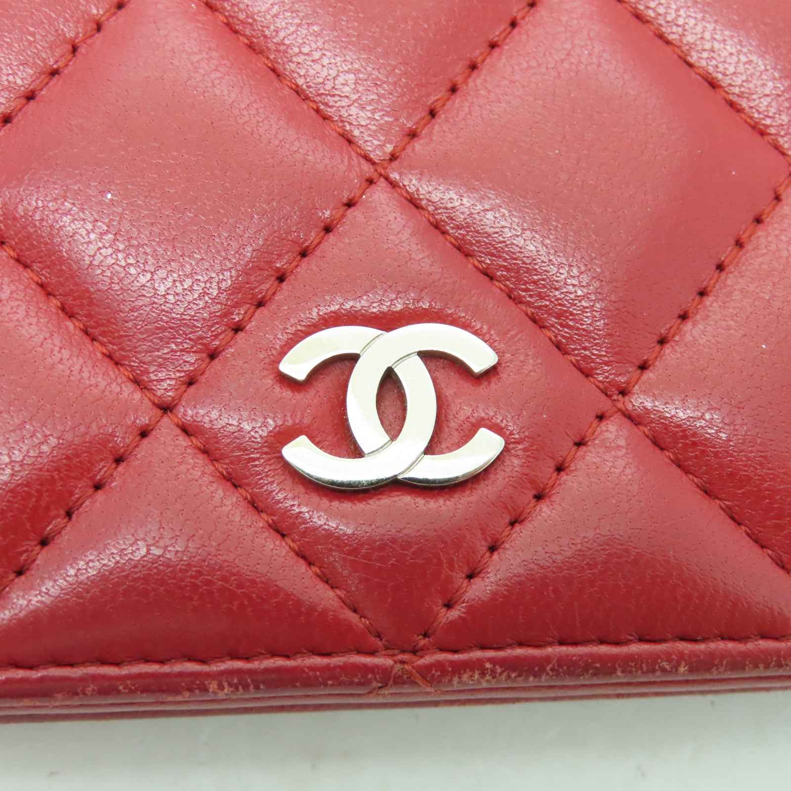 CHANEL 菱格羊皮皮革Long Wallet銀扣長錢包紅色