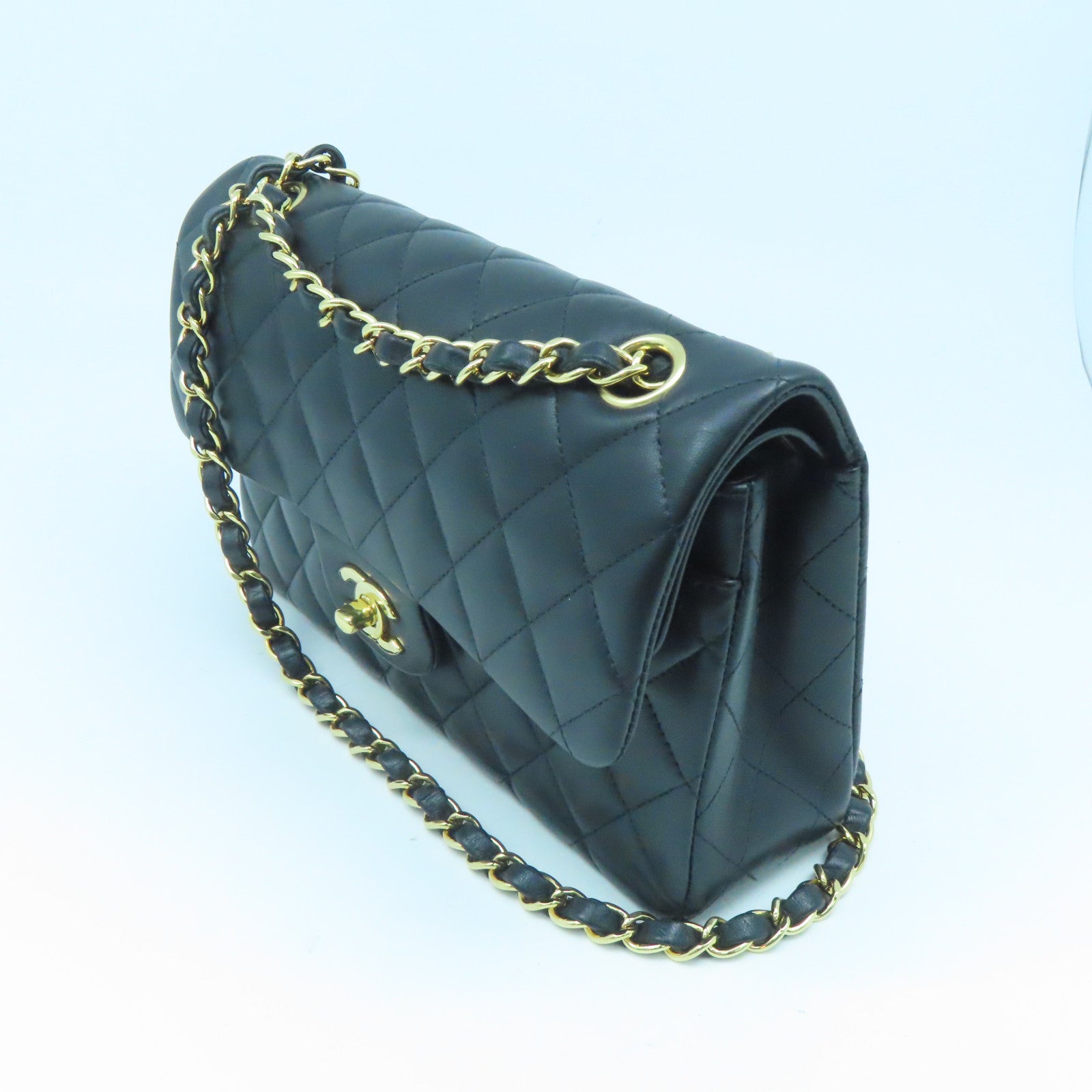 CHANEL 菱格羊皮皮革Classic 23cm金扣链带肩背袋黑色