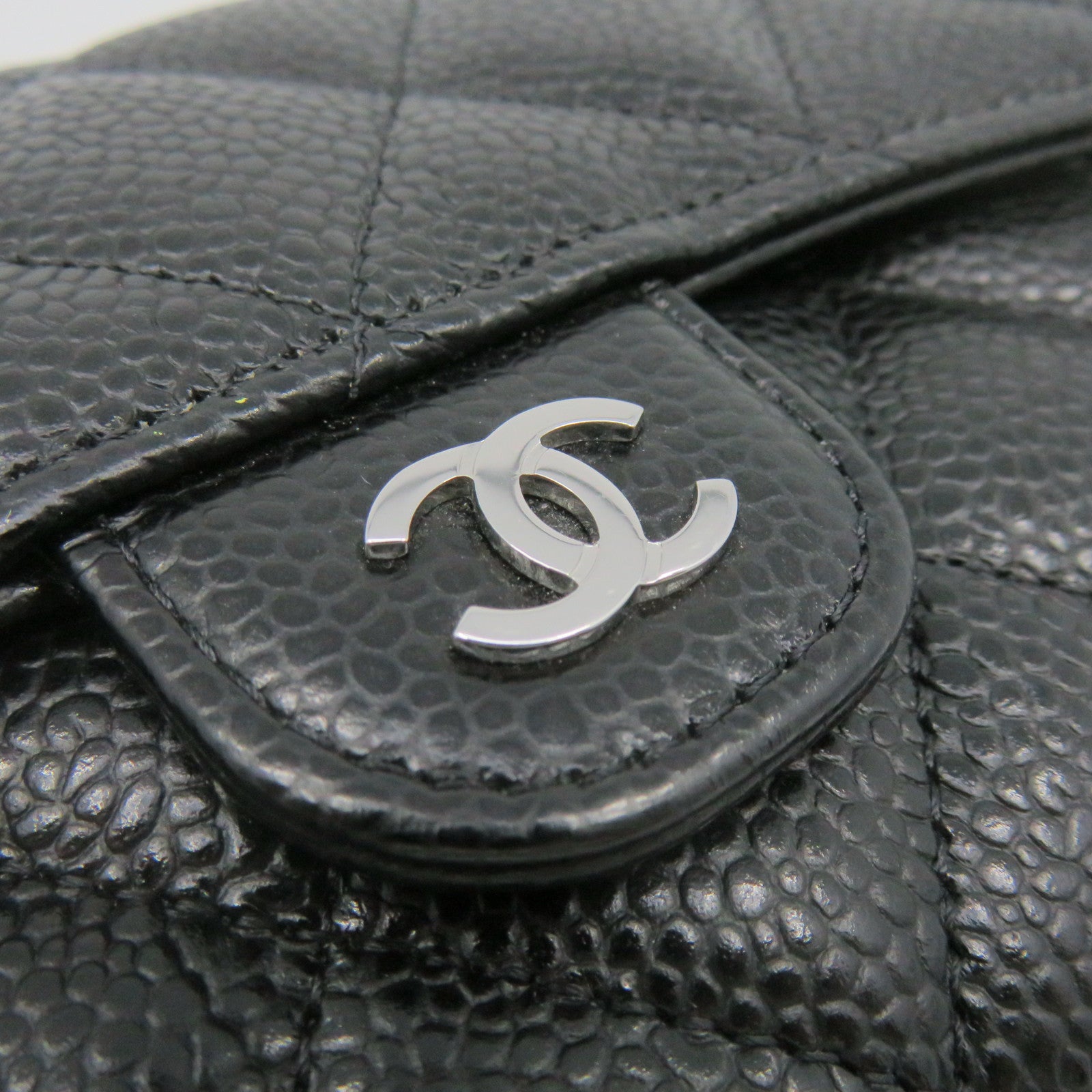 CHANEL 菱格Caviar皮革Fold Long Wallet银扣长钱包黑色