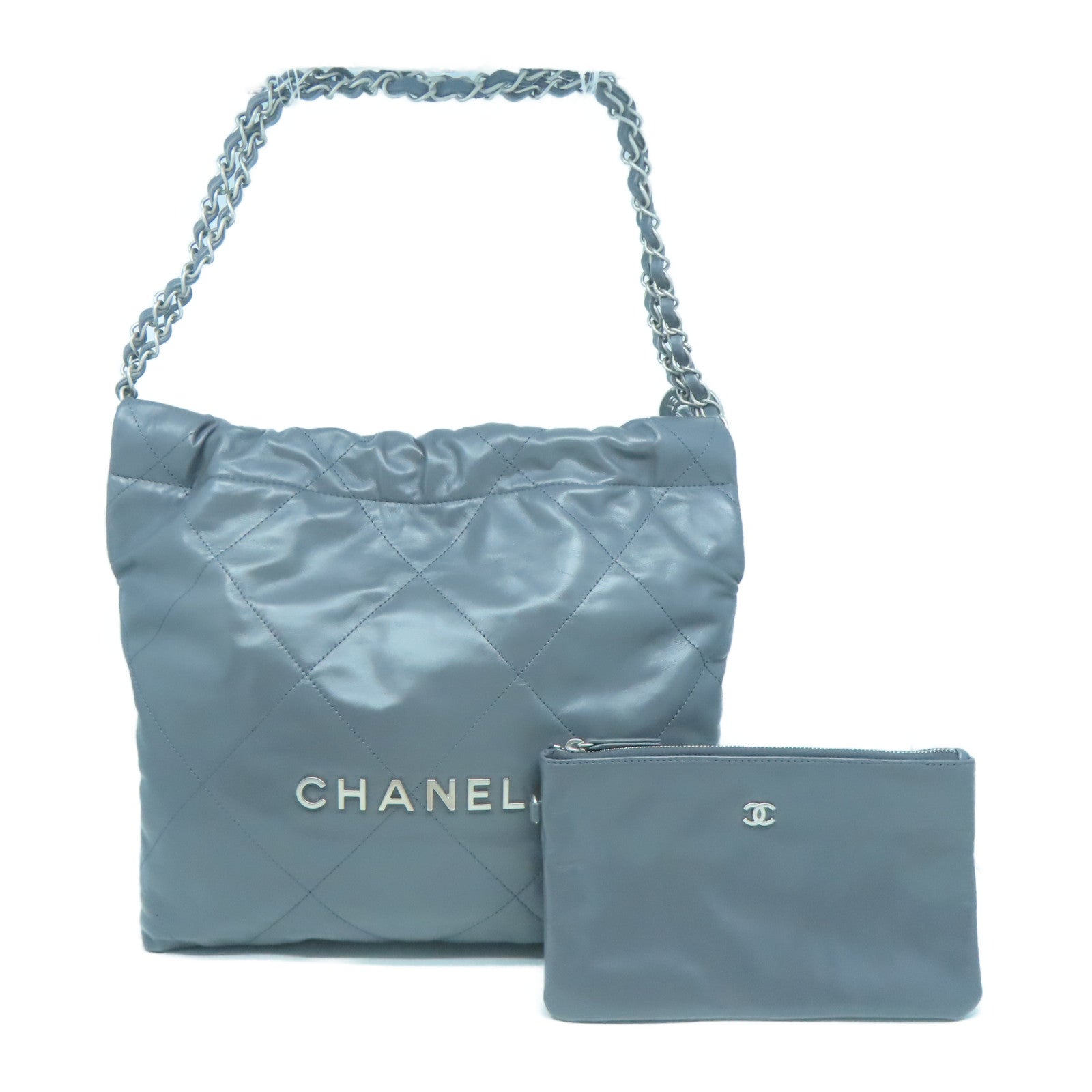CHANEL 菱格牛皮皮革Chanel 22銀扣鏈帶肩背袋灰色
