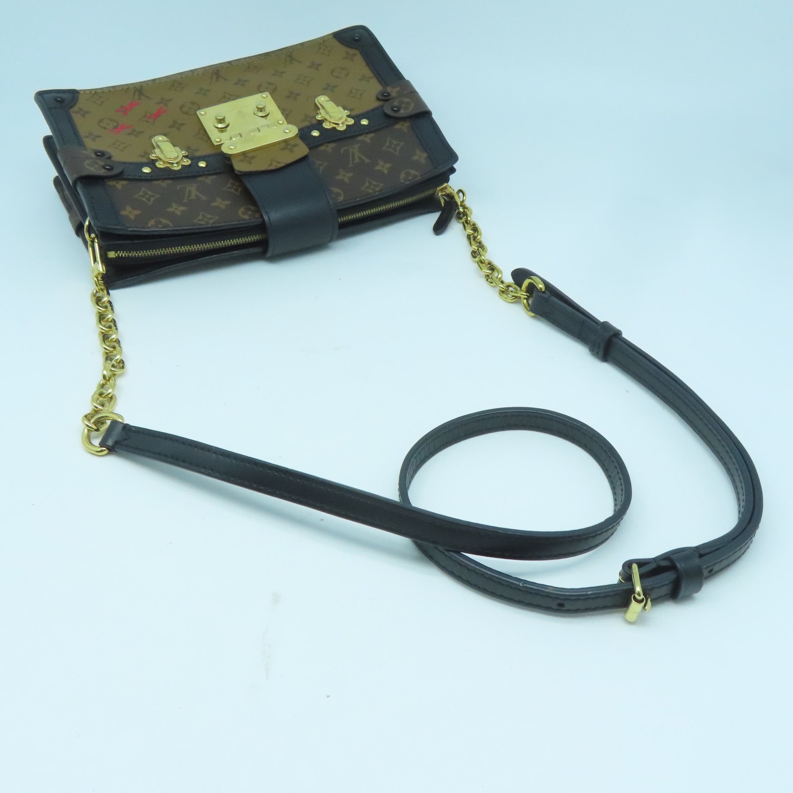 LOUIS VUITTON Monogram Reverse Trunk Clutch金扣肩背袋黑色/啡色