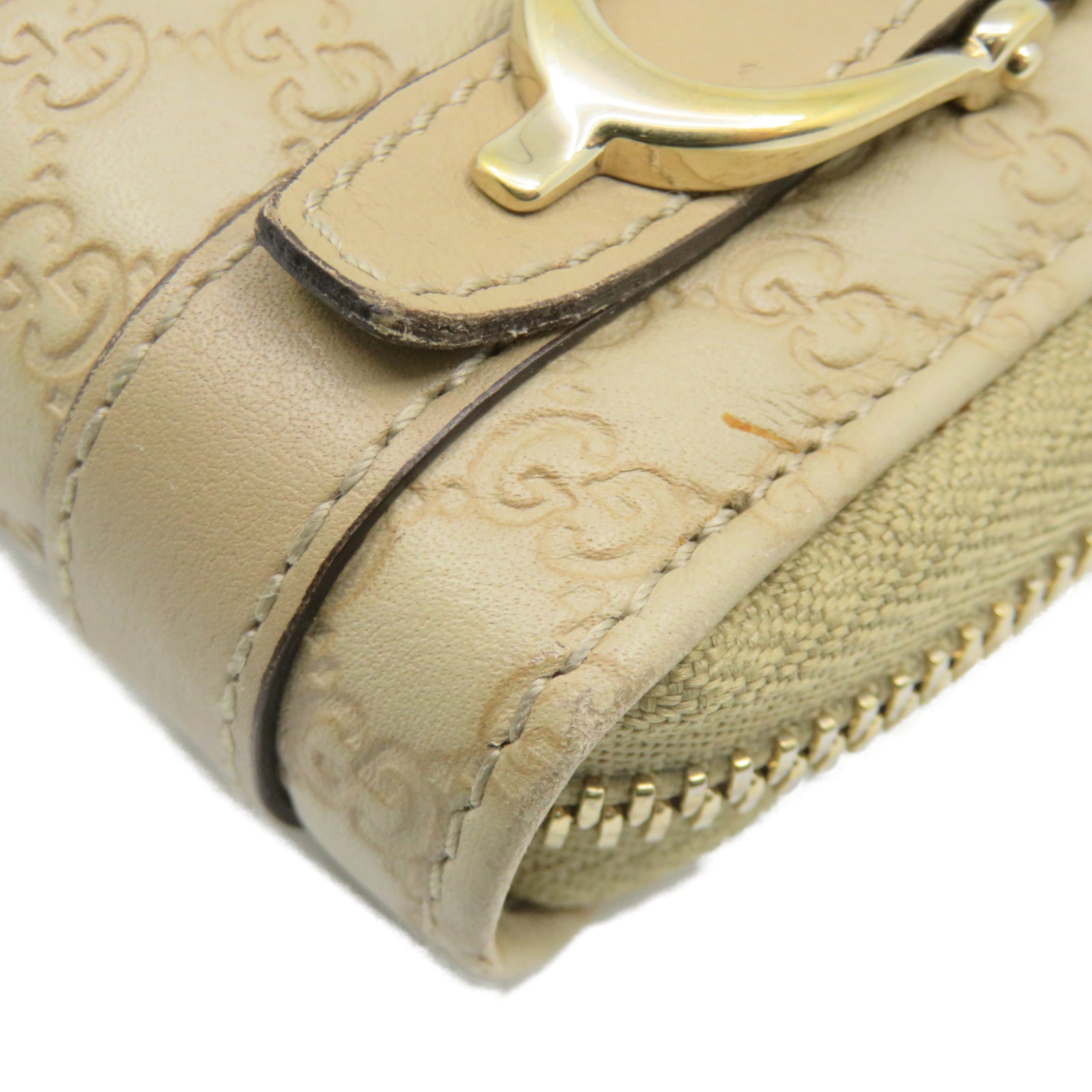 GUCCI 牛皮皮革Zipper Long Wallet金扣钱包米色