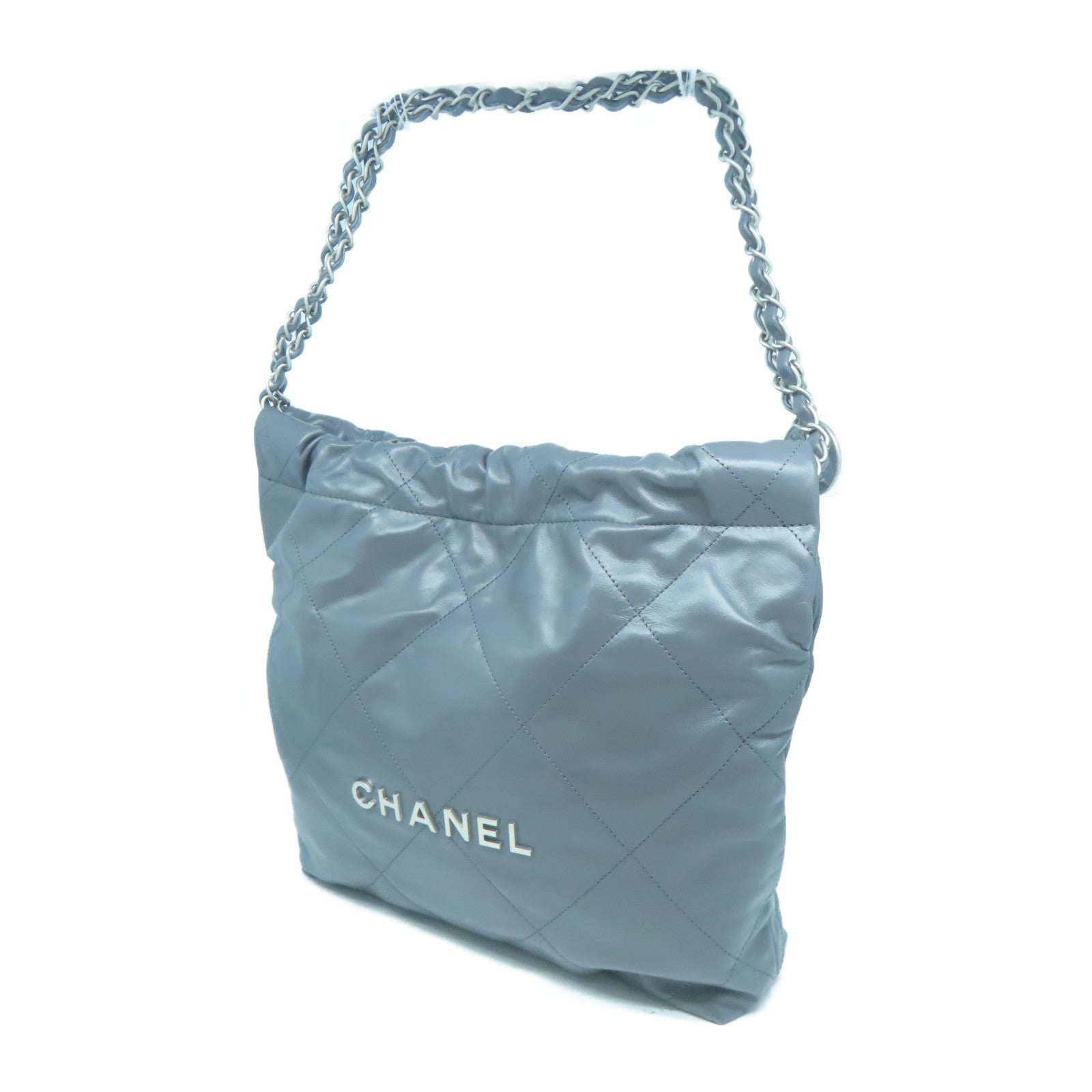 CHANEL 菱格牛皮皮革Chanel 22銀扣鏈帶肩背袋灰色