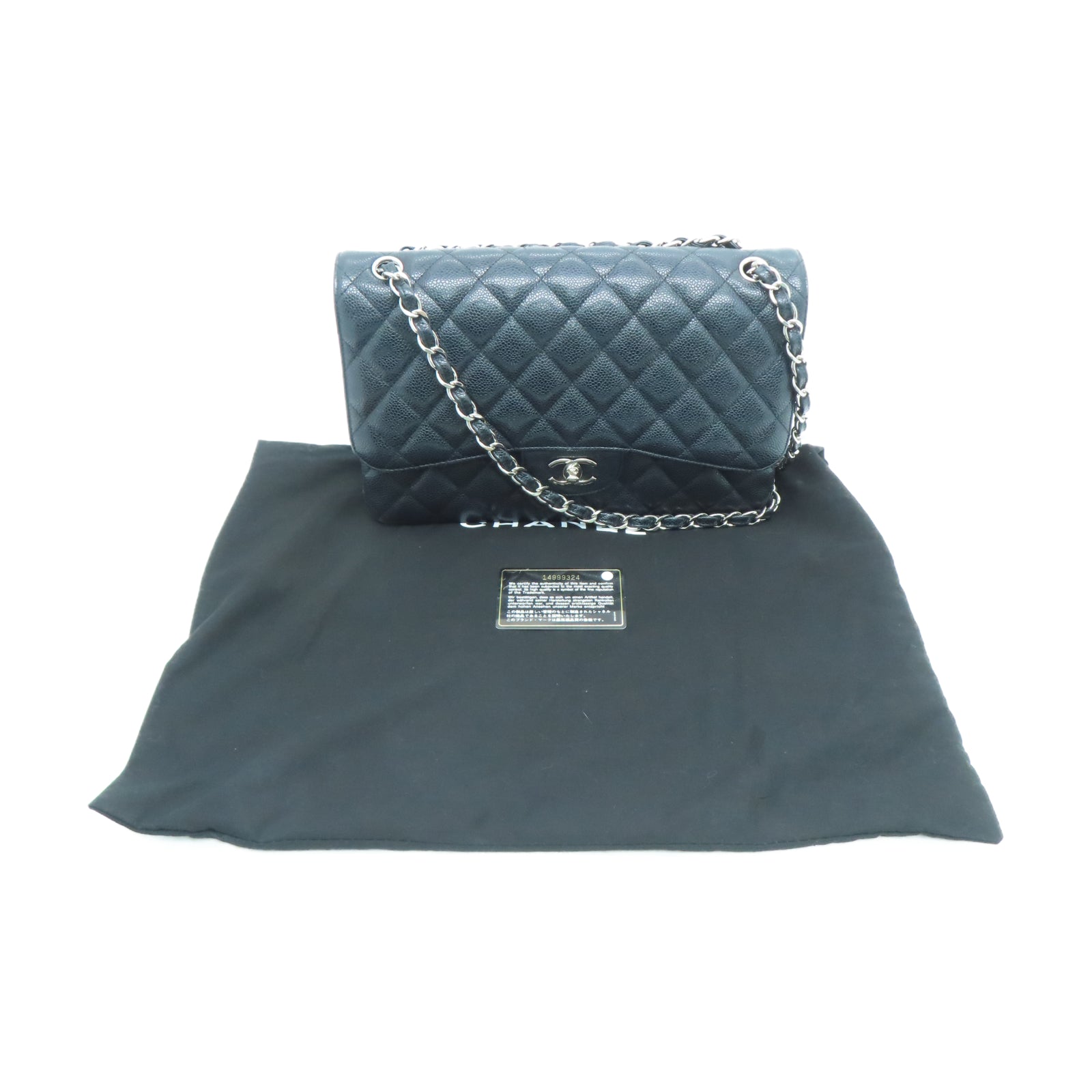 CHANEL 菱格Caviar皮革銀扣鏈帶肩背袋黑色