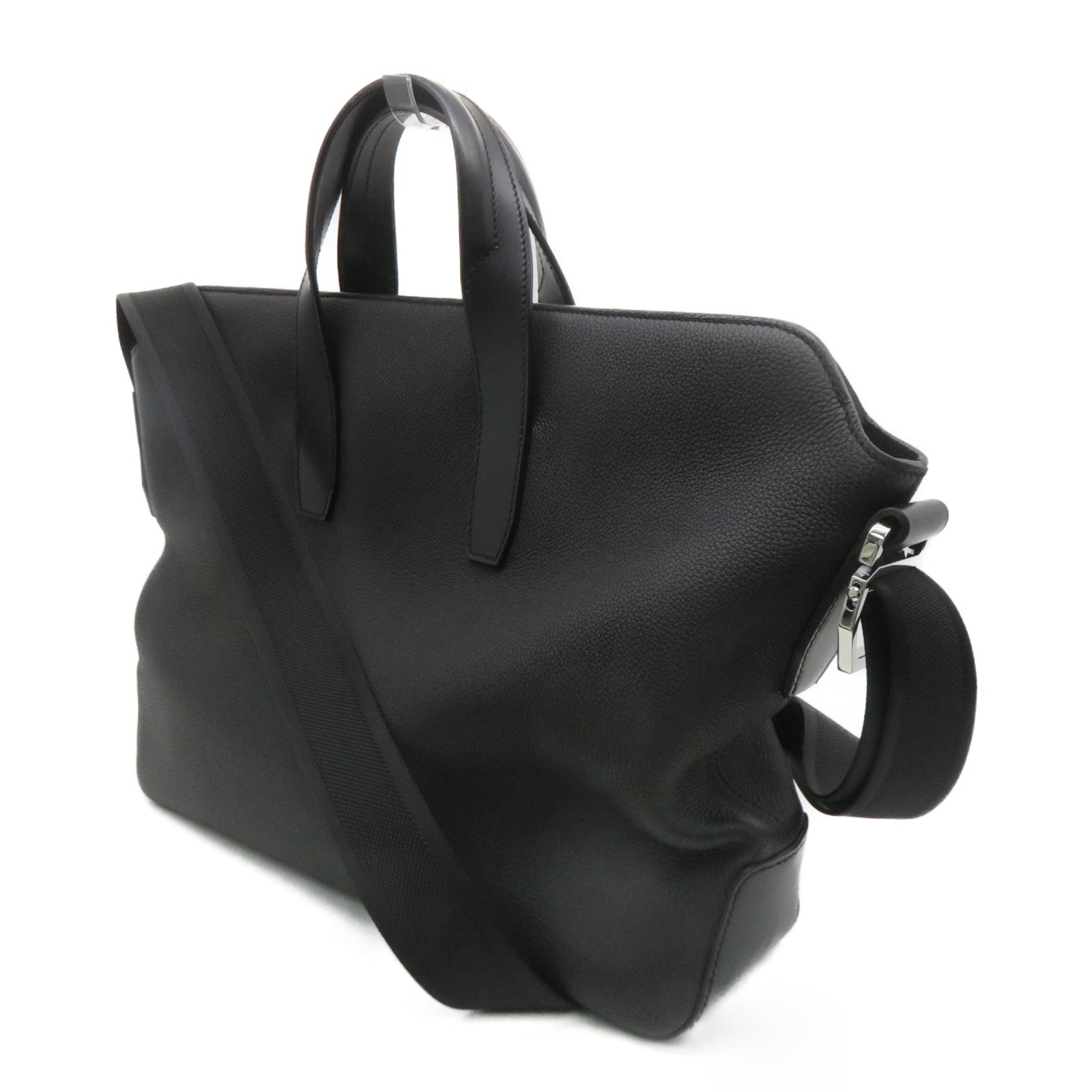 HERMES Evergrain Leather Citynews Briefcase Silver Buckle Shoulder Bag Noir Black