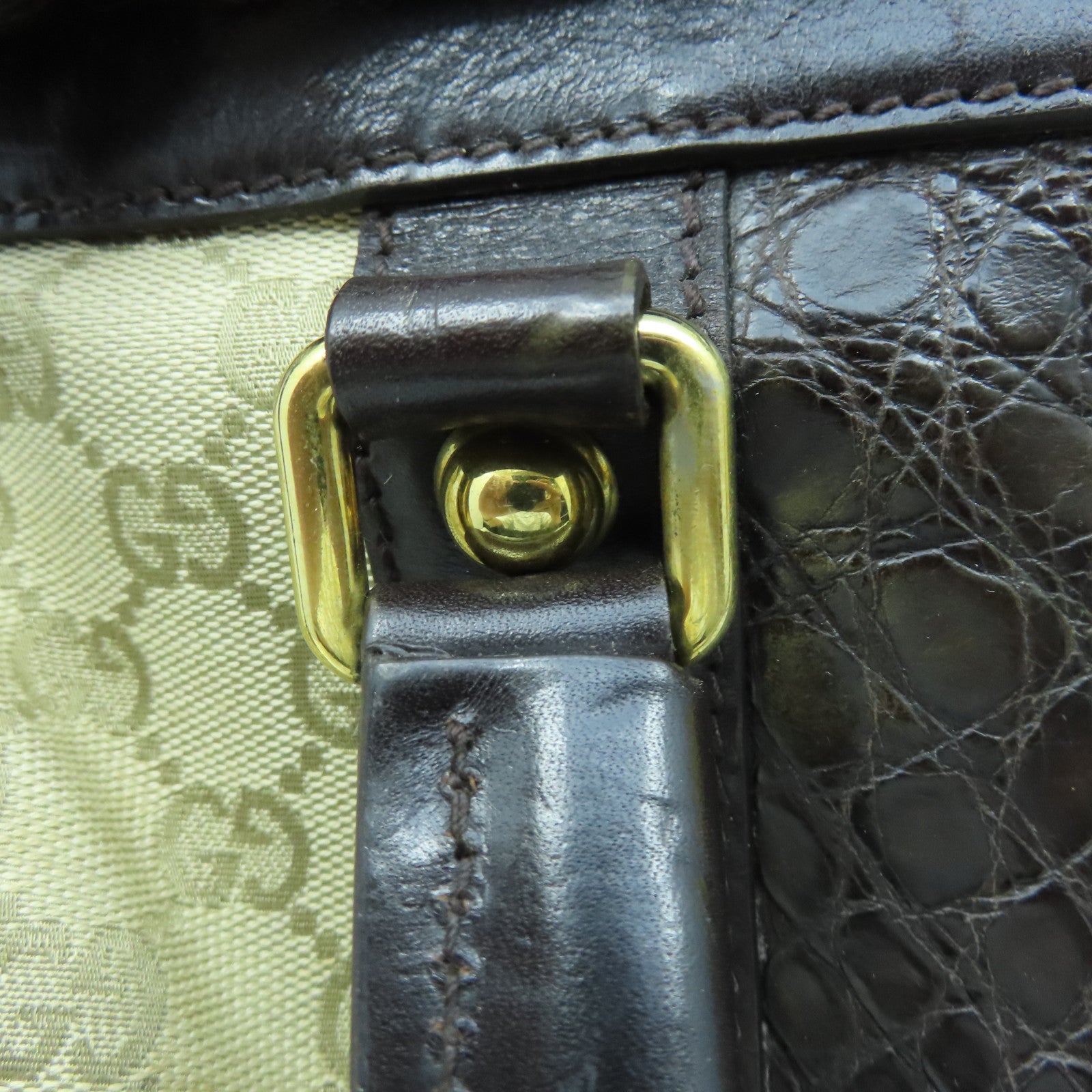 GUCCI Canvas Hand Bag Gold Buckle Hand Bag Brown/Light Brown