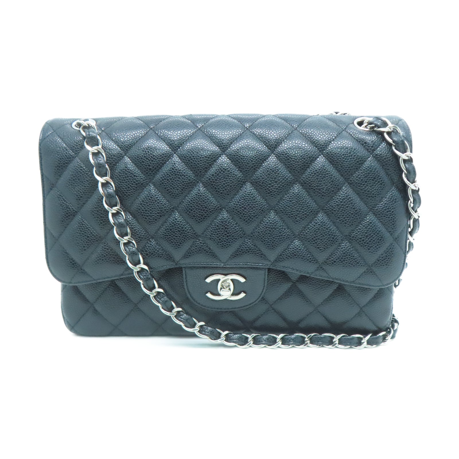 CHANEL 菱格Caviar皮革銀扣鏈帶肩背袋黑色