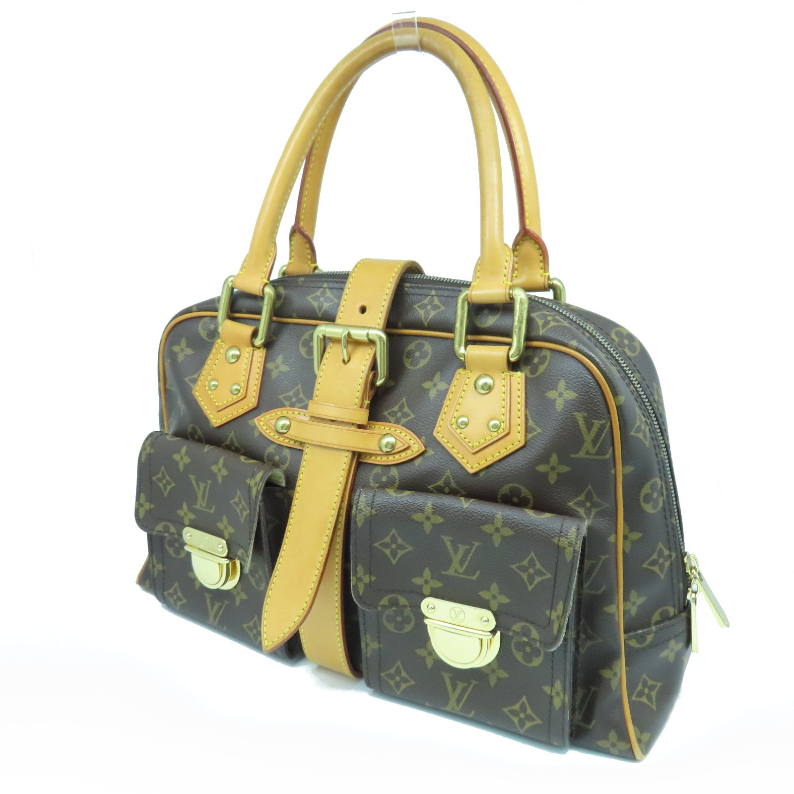 LOUIS VUITTON Monogram Manhattan GM gold buckle handle bag brown