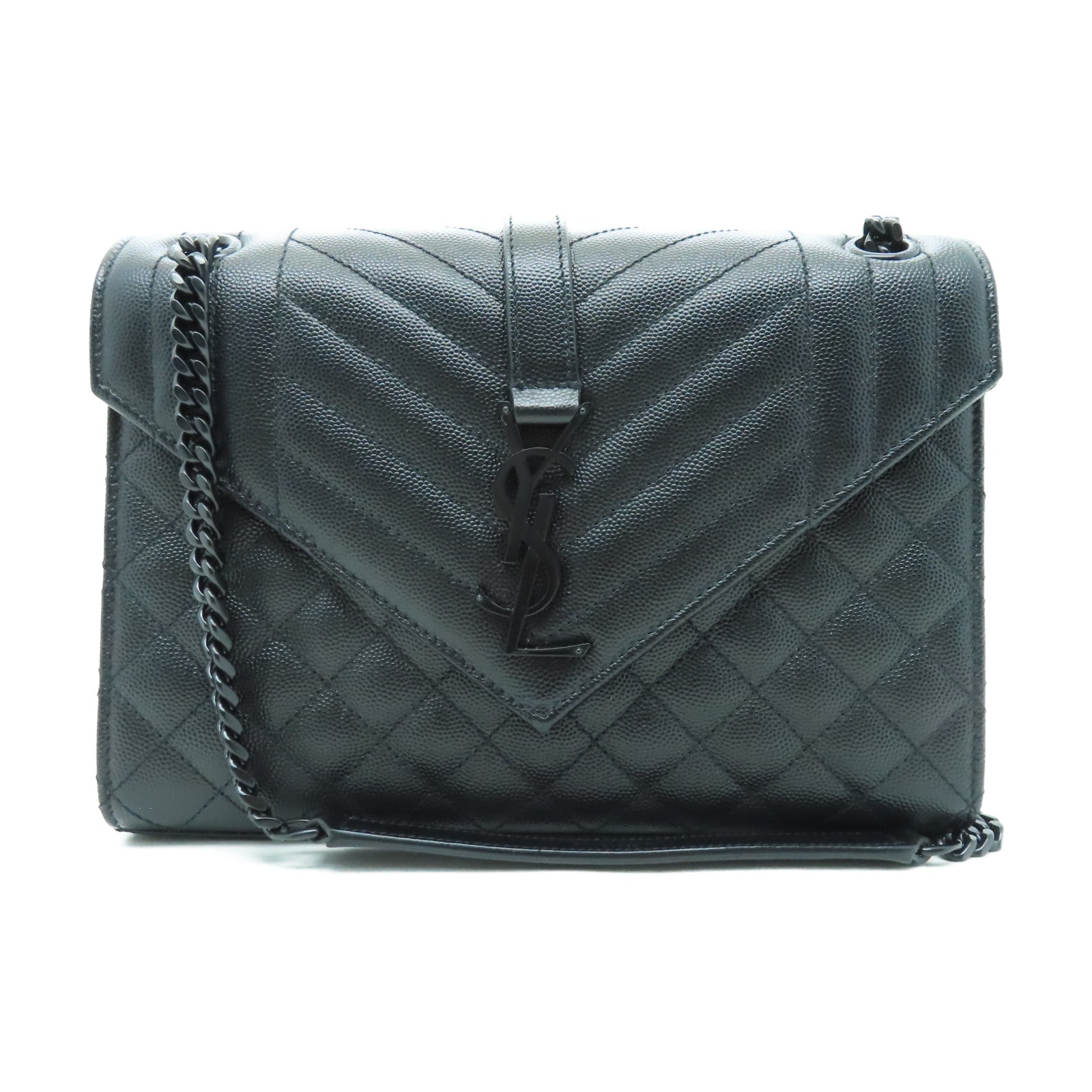 YVES SAINT LAURENT 牛皮皮革Envelope Flap Bag Medium黑扣鏈帶肩背袋黑色