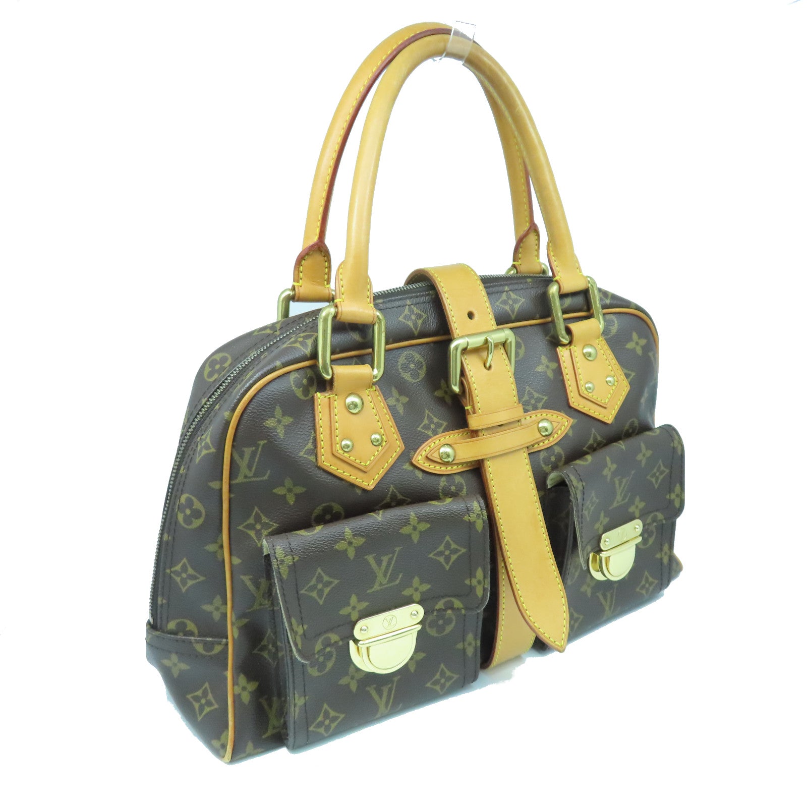 LOUIS VUITTON Monogram Manhattan GM gold buckle handle bag brown