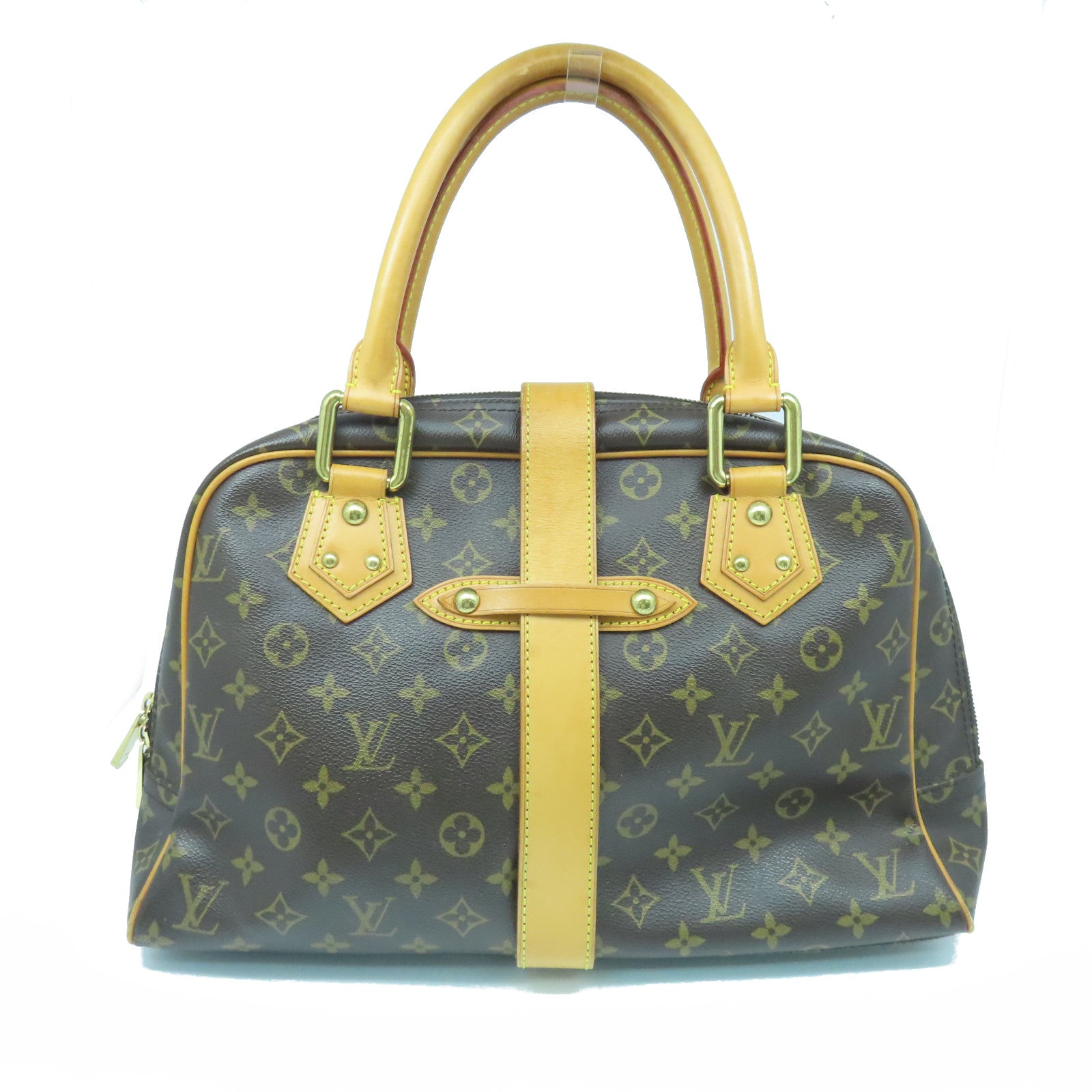 LOUIS VUITTON Monogram Manhattan GM gold buckle handle bag brown
