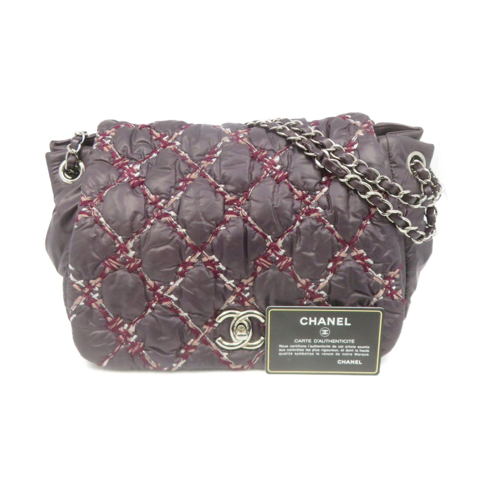 CHANEL 菱格尼龙Chain Shoulder Bag银扣链带肩背袋深紫色
