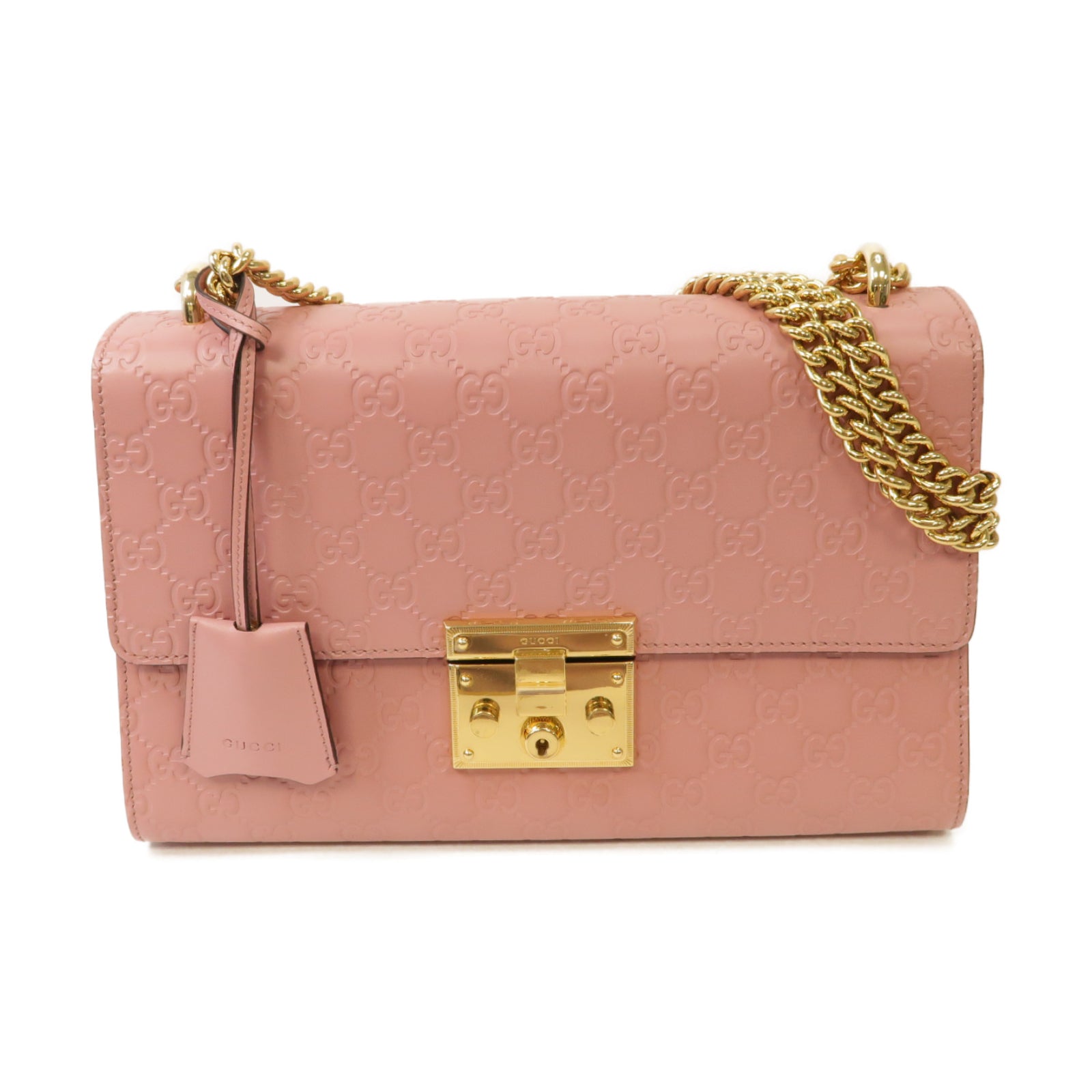 GUCCI 牛皮皮革Chain Shoulder Bag金扣鏈帶肩背袋粉紅色