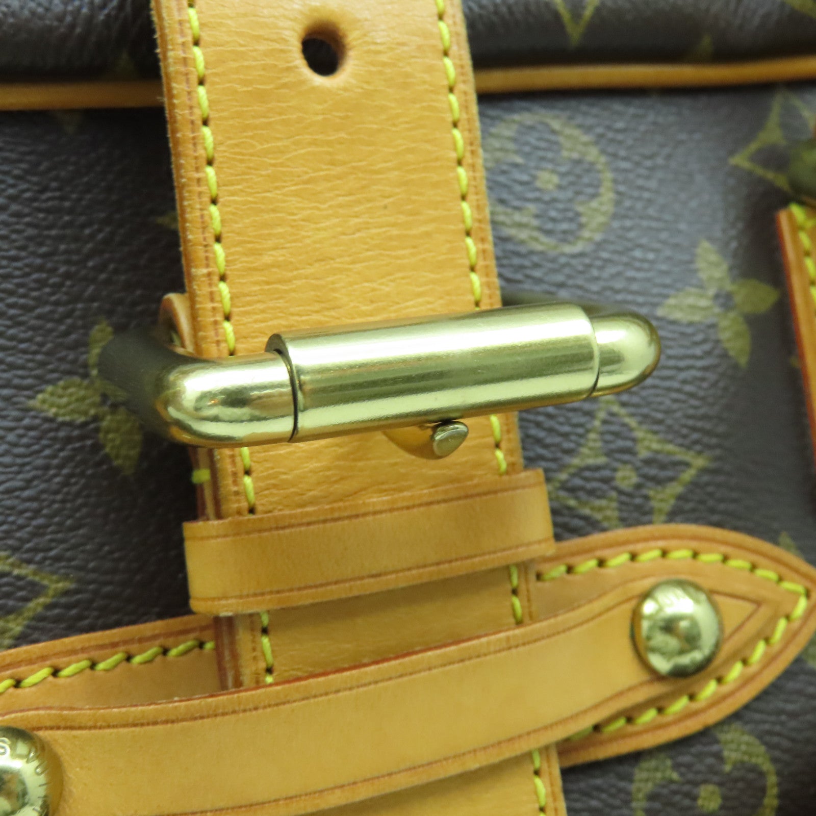 LOUIS VUITTON Monogram Manhattan GM gold buckle handle bag brown