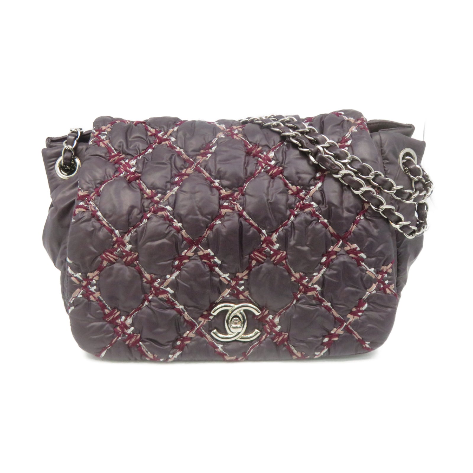 CHANEL 菱格尼龙Chain Shoulder Bag银扣链带肩背袋深紫色
