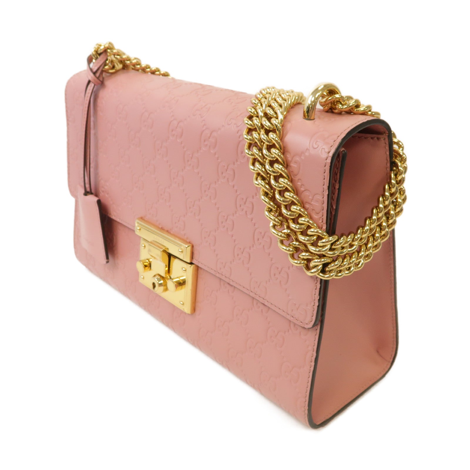 GUCCI 牛皮皮革Chain Shoulder Bag金扣鏈帶肩背袋粉紅色