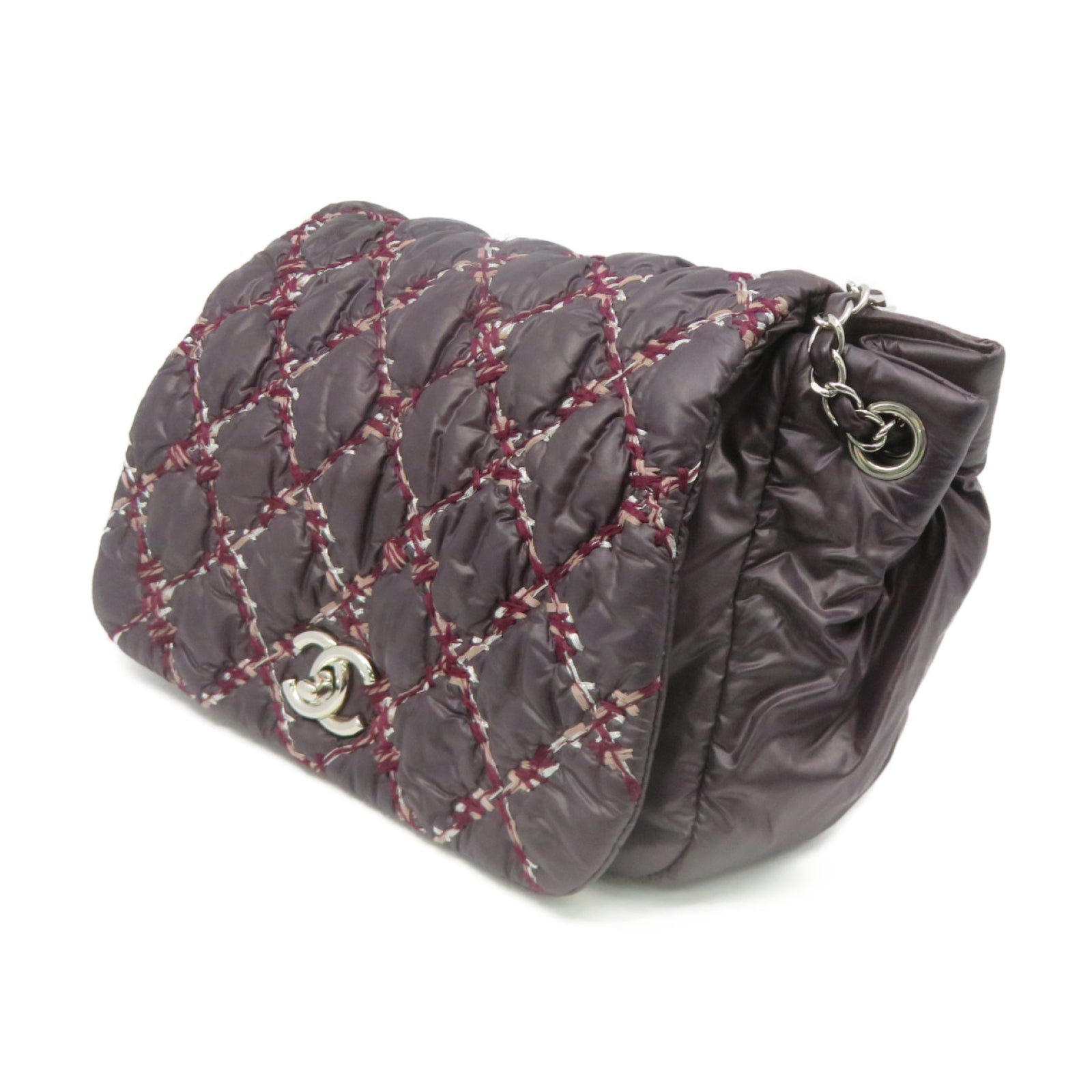 CHANEL 菱格尼龙Chain Shoulder Bag银扣链带肩背袋深紫色