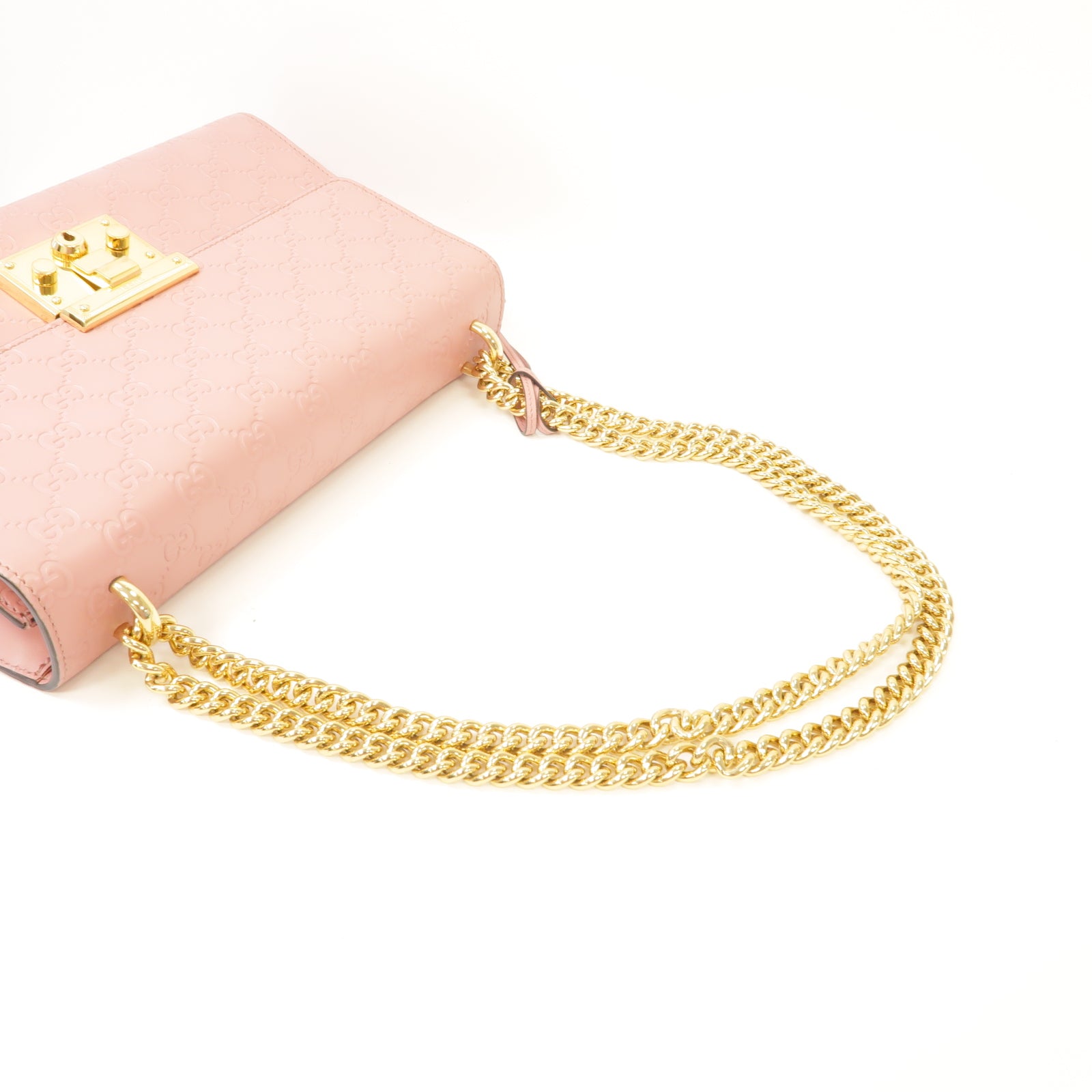 GUCCI 牛皮皮革Chain Shoulder Bag金扣鏈帶肩背袋粉紅色