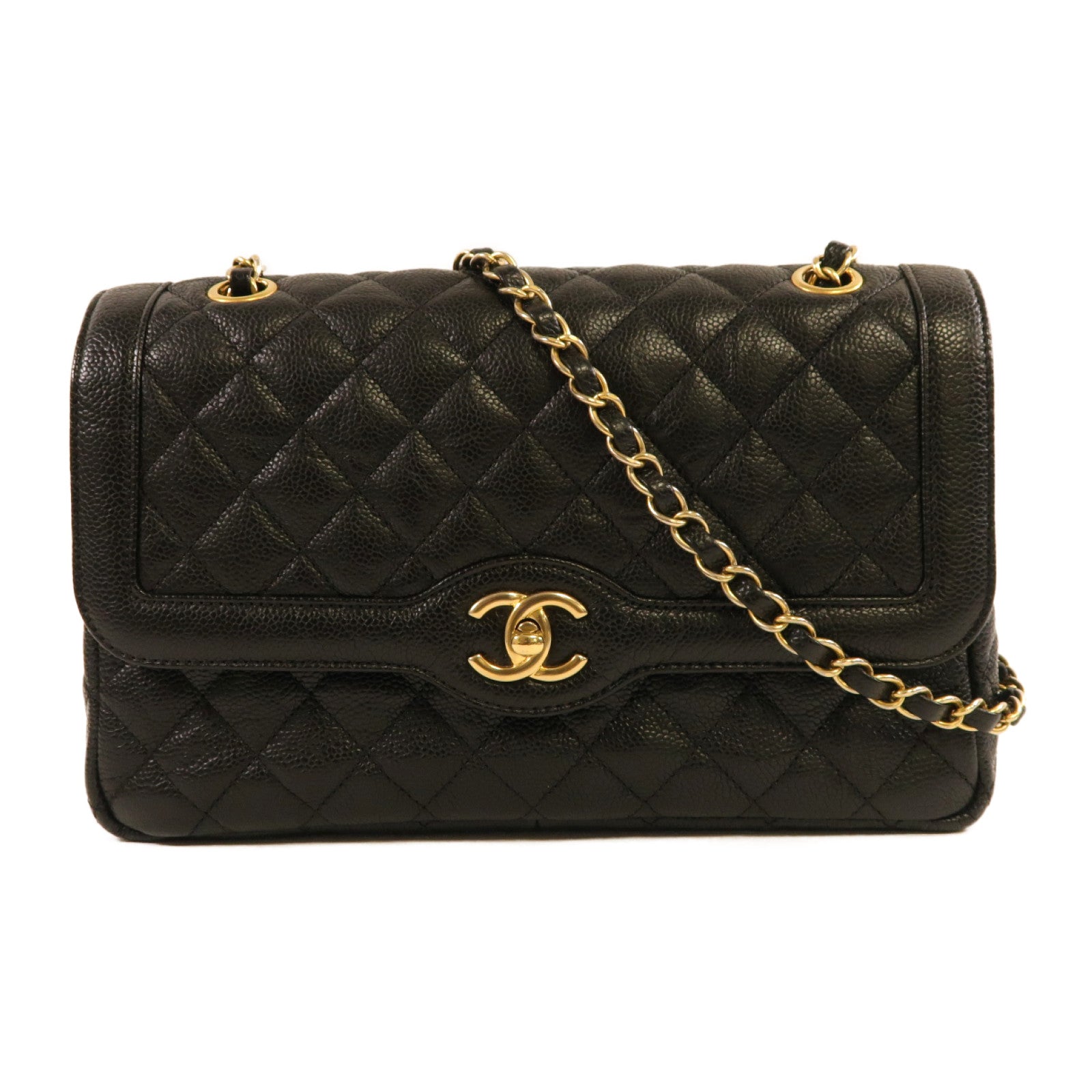 CHANEL 菱格牛皮皮革Chain Shoulder金扣鏈帶肩背袋黑色
