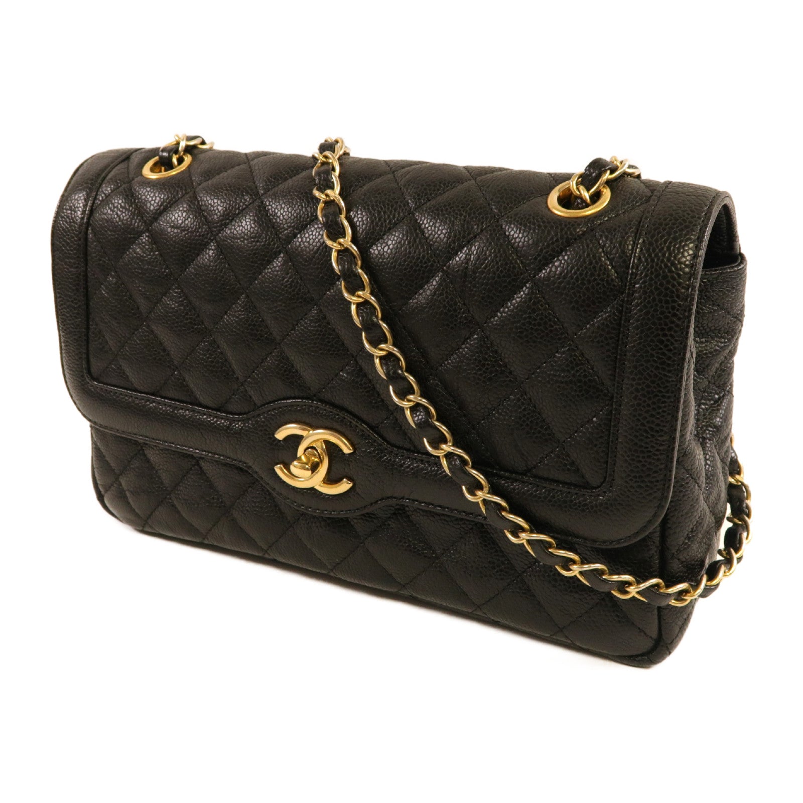 CHANEL 菱格牛皮皮革Chain Shoulder金扣鏈帶肩背袋黑色